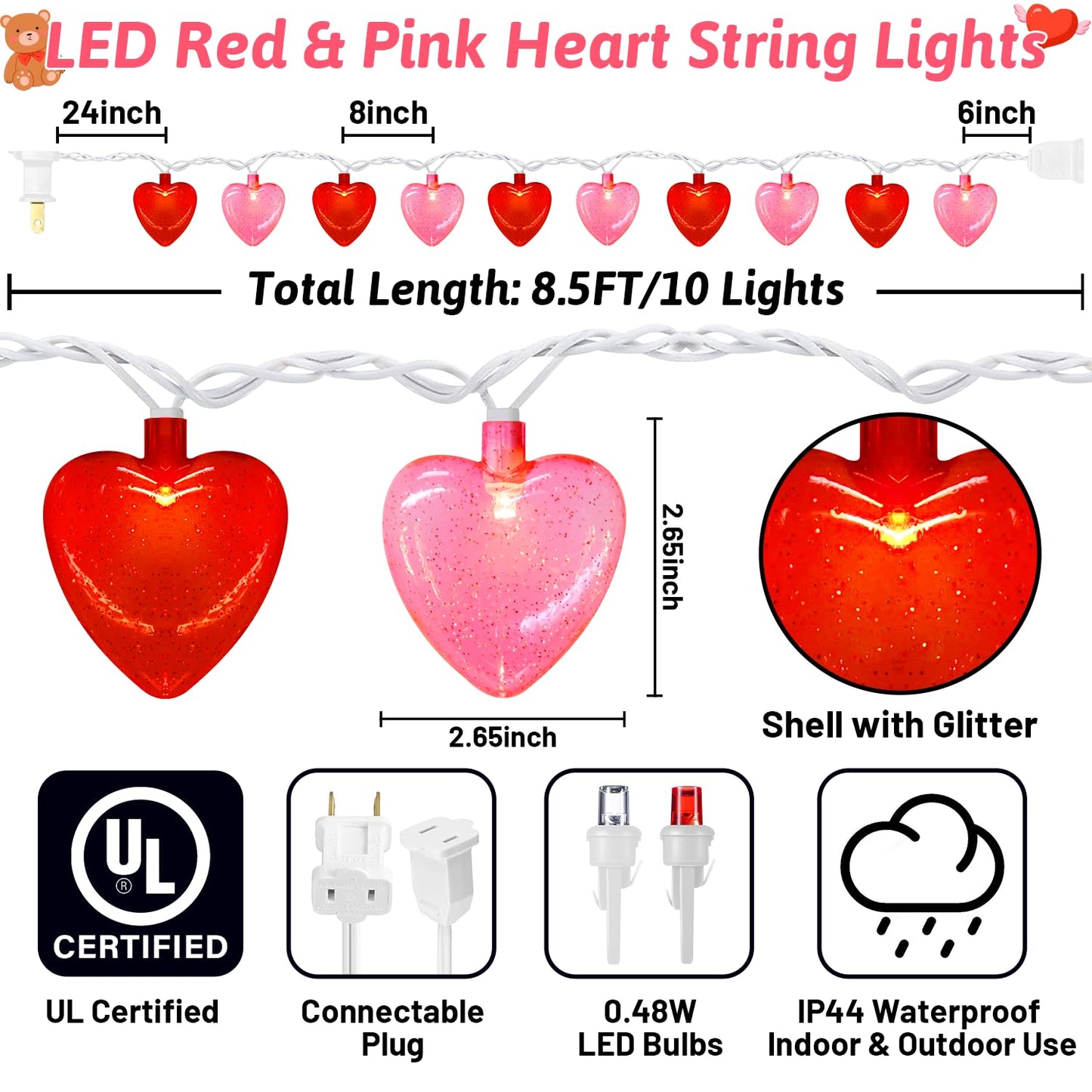 LED Valentines Day Lights - 8.5Ft Led Red and Pink Heart String Lights with Sequins, Plug in Valentine Day Heart Lights Outdoor Waterproof for Valentines Day Decorations for the Home & Party, 0.48W