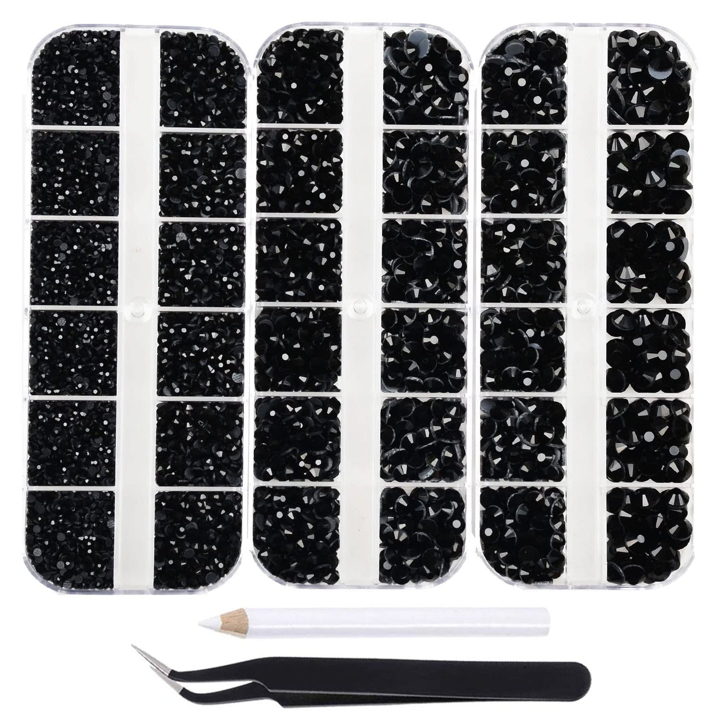 7000pcs+ Flatback Glass Hotfix Iron On Rhinestones Crystal for DIY Making with 1 Tweezer & 1 Picking Pen for Shoes, Clothes, Face Art, Bags, Manicure (Jet Black, 5-Sizes)