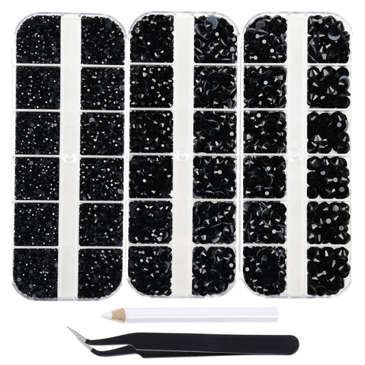 7000pcs+ Flatback Glass Hotfix Iron On Rhinestones Crystal for DIY Making with 1 Tweezer & 1 Picking Pen for Shoes, Clothes, Face Art, Bags, Manicure (Jet Black, 5-Sizes)