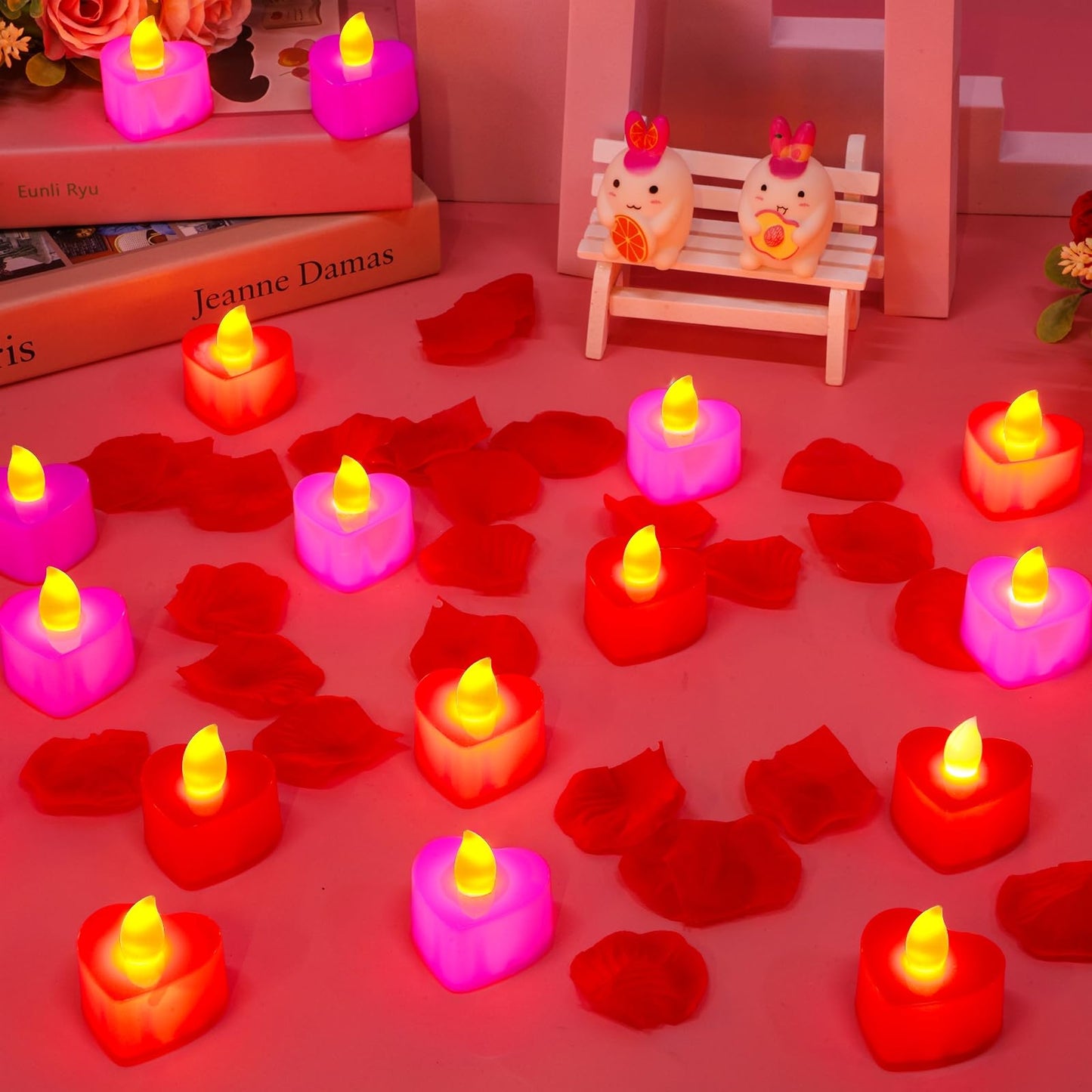 24 Pack LED Tea Lights Candles Battery Operated,Valentines Heart Shaped Candles for Party Favors,Red Pink Flameless Candles for Valentines Day Romantic Night Anniversary Wedding Table Decor