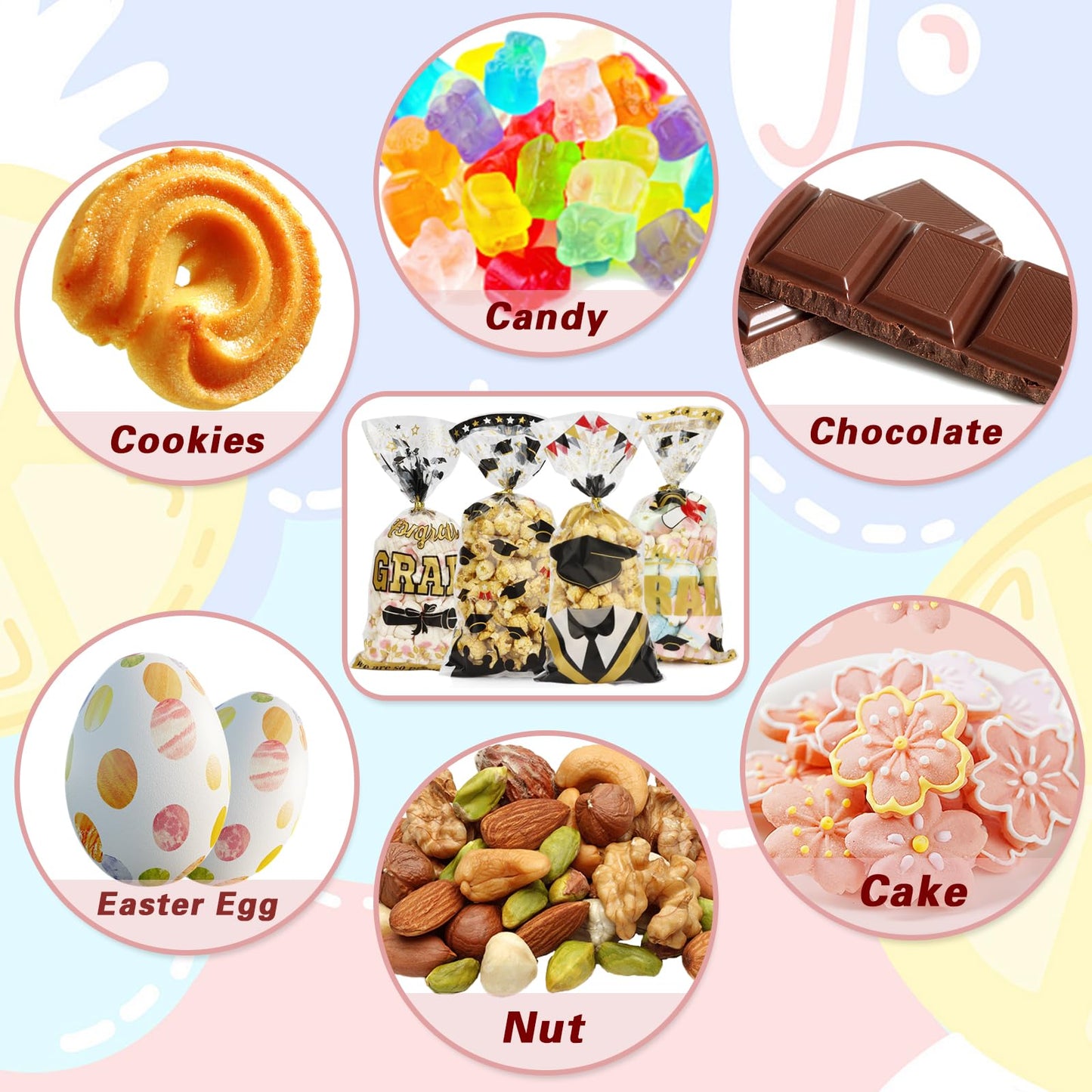 Leislam Graduation Treat Bags, Graduation Cellophane Treat Bags, 100 PCS Graduations Gift Bag, Plastic Clear Cello Candy Cookie Snack Goodies Bag with 100 Pcs Gold Ties for Graduations Party Favors Supplies, 4 Styles
