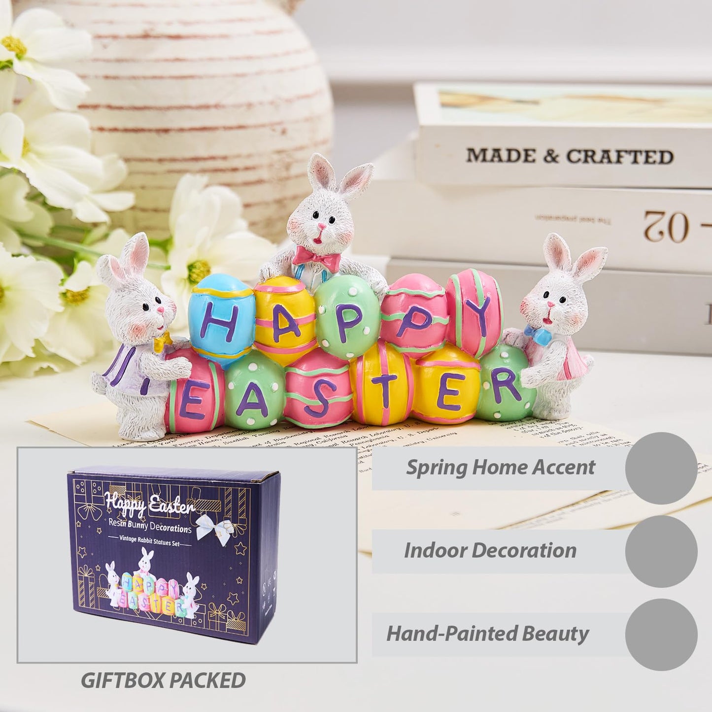 3 Bunny Holding Eggs and Happy Easter Decorations, Resin Easter Bunny Rabbits Figurine Tabletop Centerpiece for Spring Decor Easter Home Office Party Decor