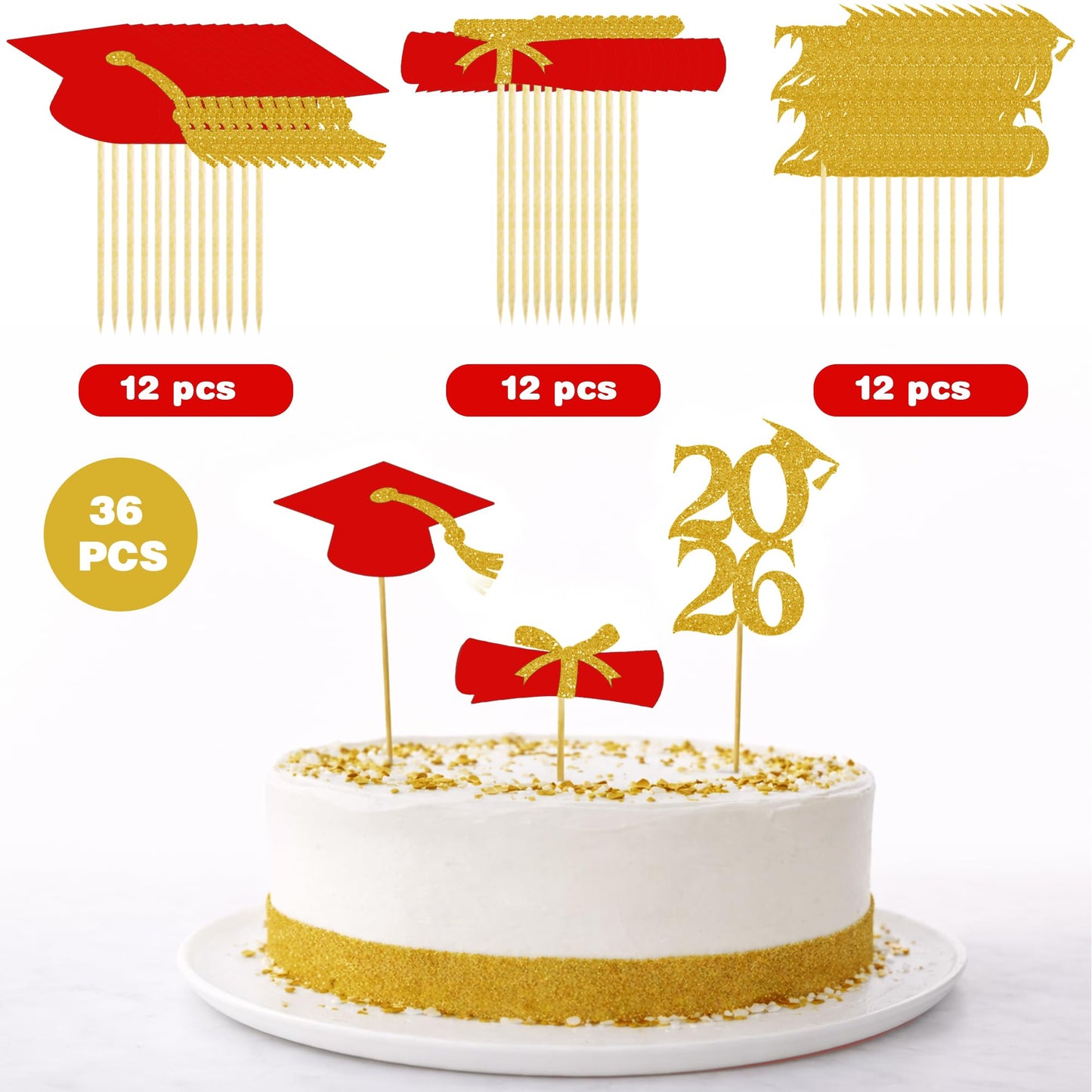 OHOME Graduation Decorations 2026-36 PCS Graduation Cupcake Toppers - 2026 Graduation Party Decorations - Mini Cake Decorations for Class of 2026,Diploma, 2026, Grad Cap Set (Red)