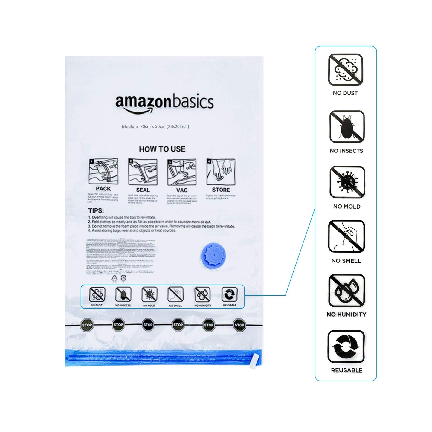 Amazon Basics Vacuum Compression Storage Bags with Hand Pump, Multiple Pack of 12 (3 Jumbo, 3 Large, 3 Medium, 3 Small)