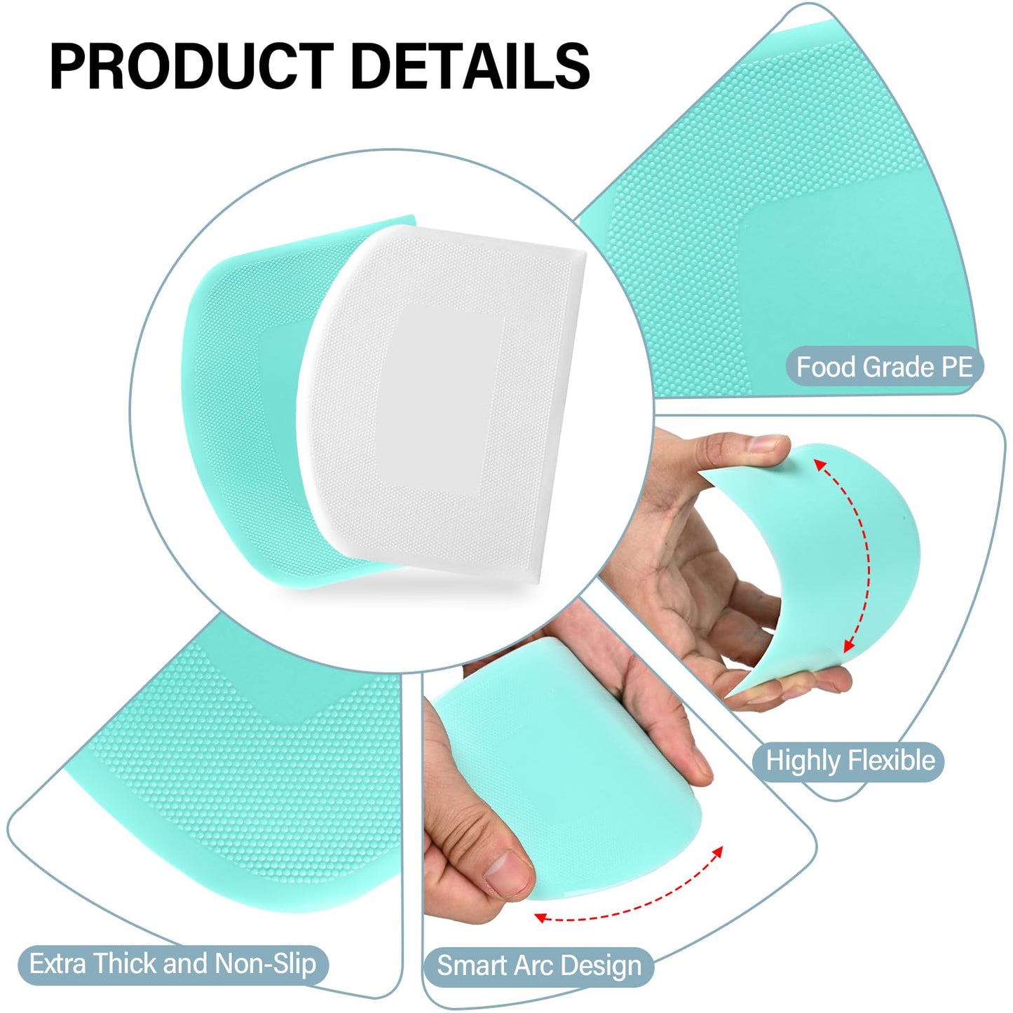 Ecavria Bench Scraper, Premium Stainless Steel Dough Scraper with 2 PCS Flexible Bowl Scraper, Dough Cutter with Measuring Scale, Versatile Kitchen Scraper Set for Pastry Bread Pizza Cake