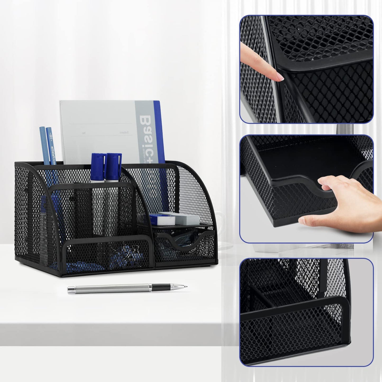 Desk Organizers, Office Supplies Desktop Organizer with Drawer and 6 Compartments, Black Desk Caddy + Pen Holder/Stapler with 1000 Staples Combo for Office Home School