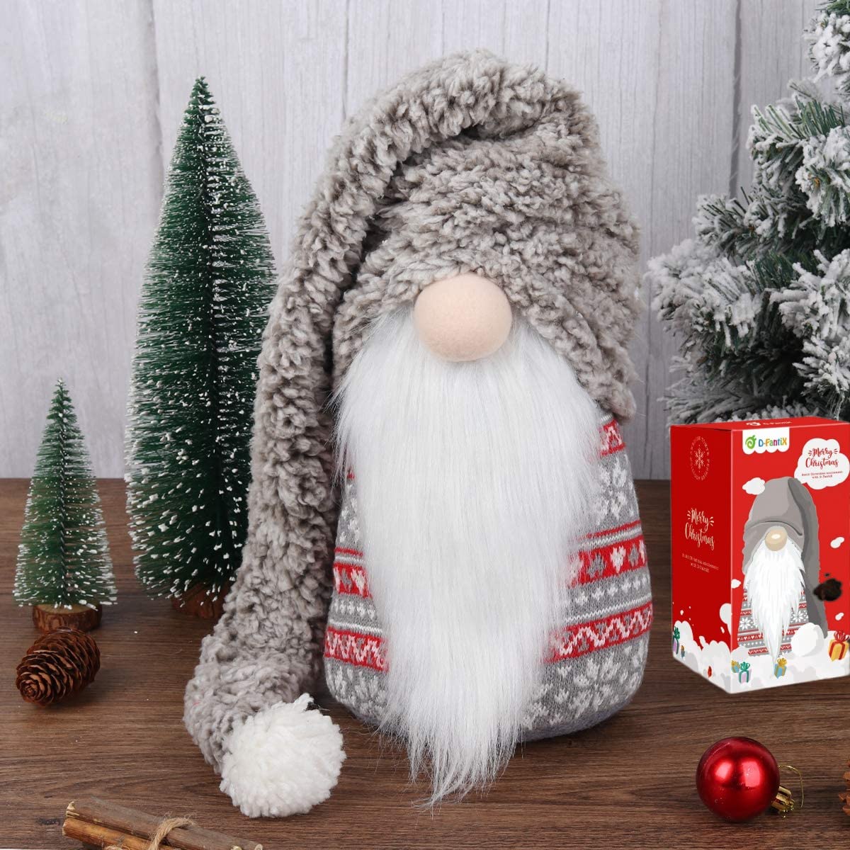 Christmas Gnome Plush 13 Inch Large Swedish Tomte Gnome Ornaments with Long Hat Holiday Scandinavian Christmas Decorations for Home (Grey, Nose Without Light)
