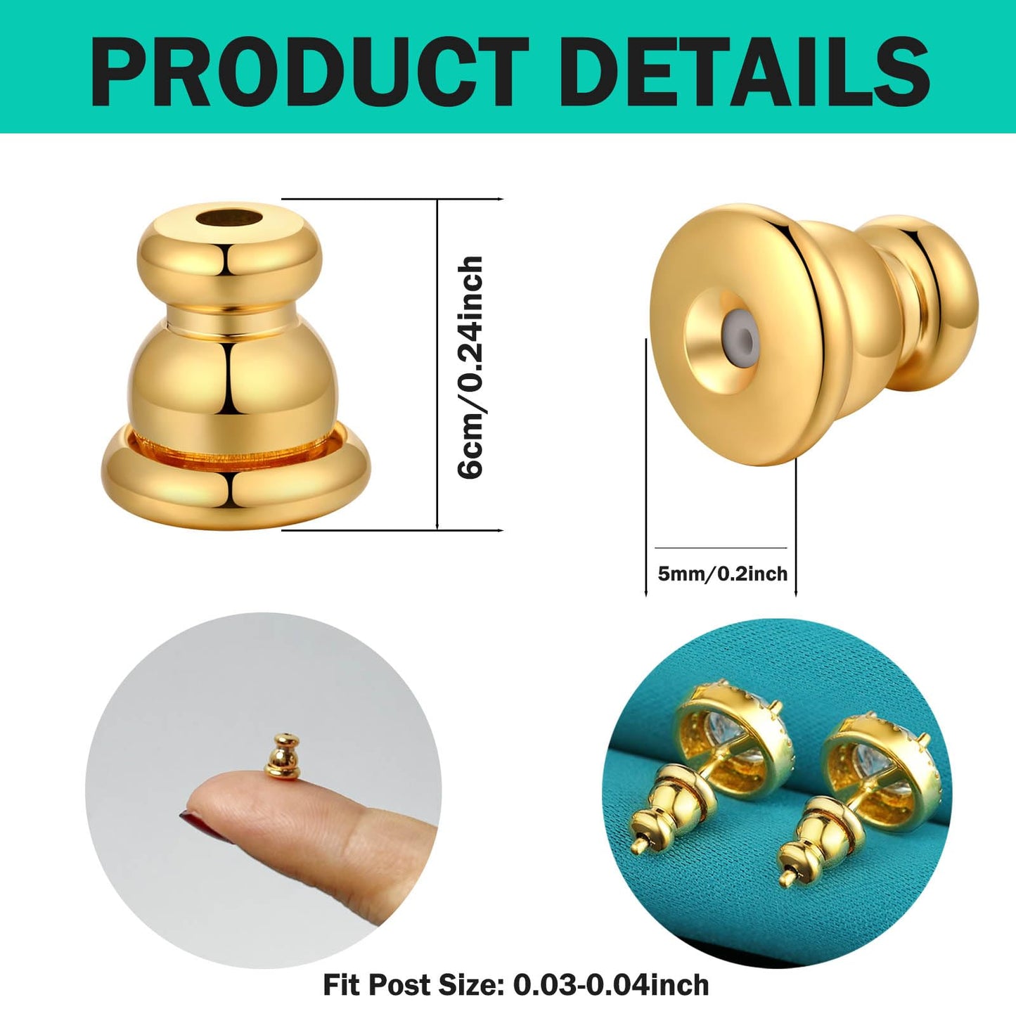 Catinee Earring Backs Replacements, 14k Plated Gold Earring Backs for Studs, Hypoallergenic (6pcs/3pair)