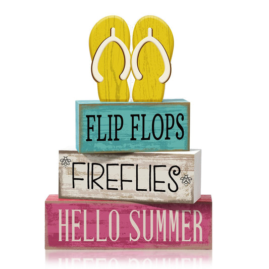 4 Pcs Summer Table Decorations Wooden Sign Flip Flops Table Centerpiece Summer Tiered Tray Decor Decorative Faux Book Stack Block for Coffee Fireplace Mantel Floating Shelf Hawaii