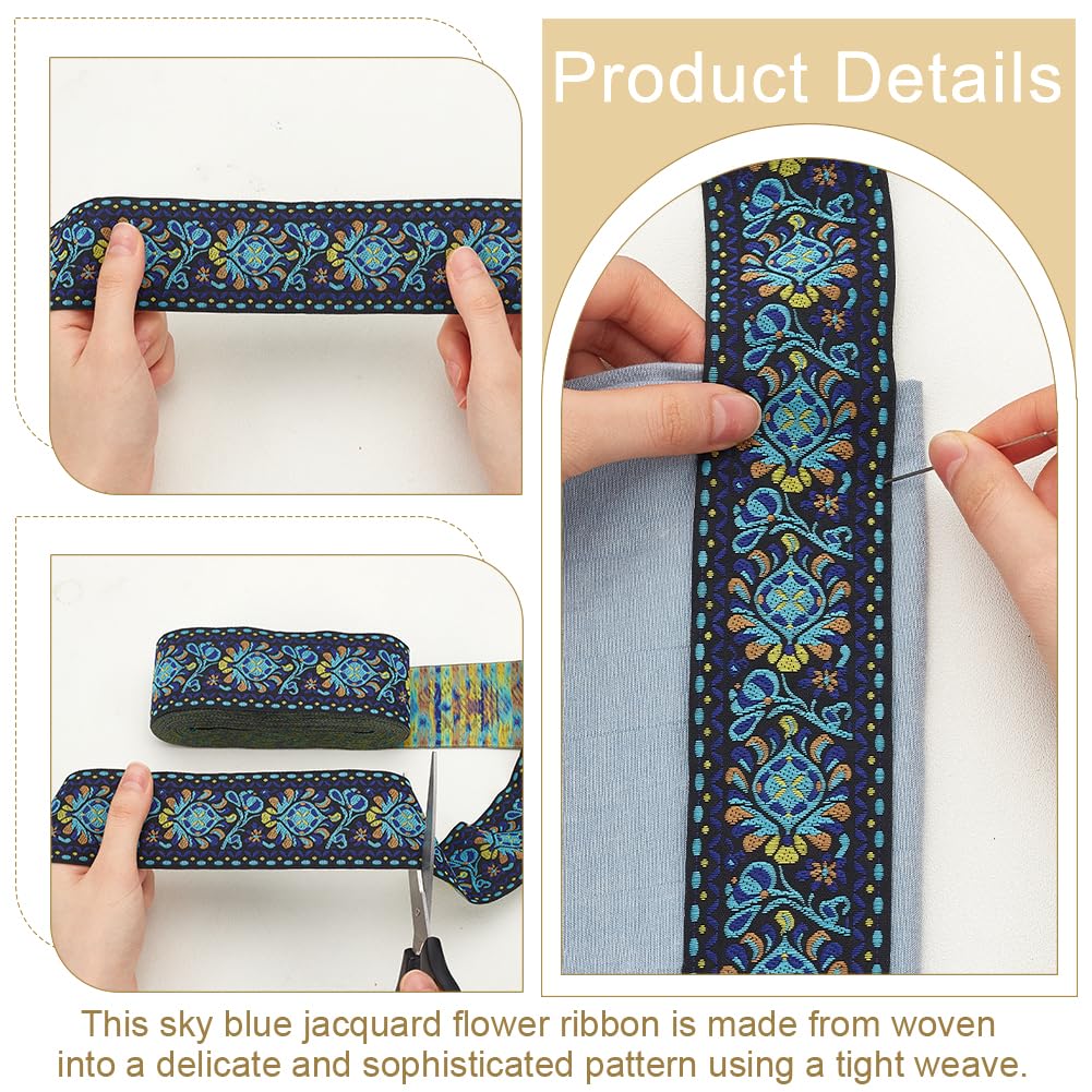 10 Yards Boho Jacquard Fabric Trim with Embroidered Flowers - Blue, 2 Inch Ethnic Style Floral Ribbon for Sewing, Handmade Bag Strap Making & DIY Clothing Decoration
