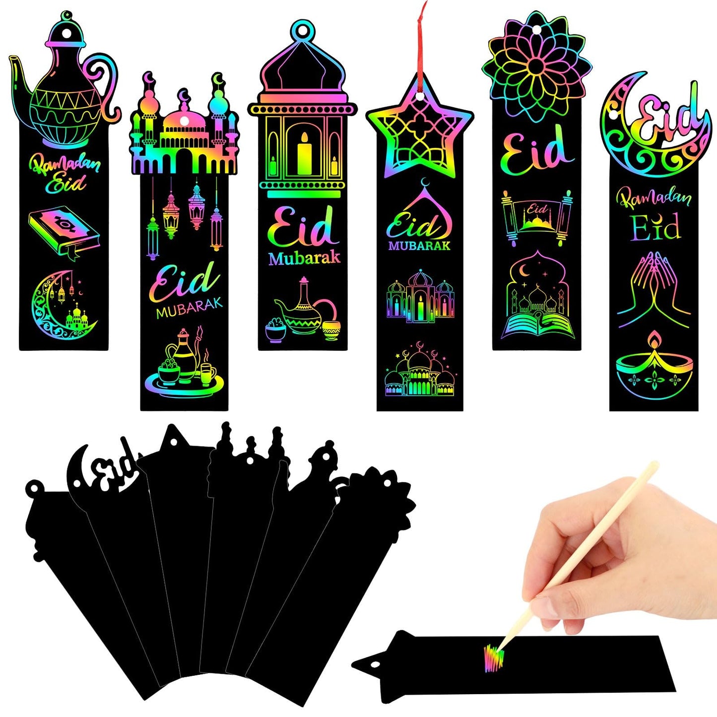 96Pcs Ramadan Crafts for Kids, Magic Rainbow Scratch Art Eid Bookmarks for Kids Ramadan Gifts Eid Activities for Kids Ramadan Arts and Crafts Eid Party Favors Hanging Ornaments