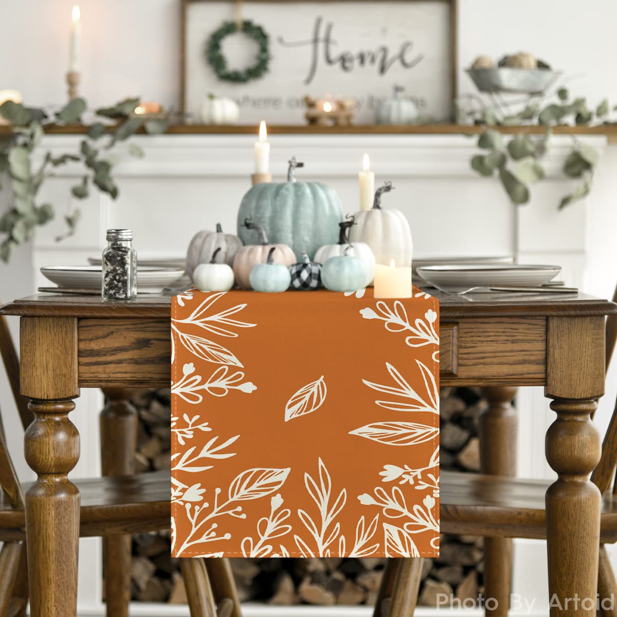 Orange Floral Fall Table Runner, Seasonal Autumn Kitchen Dining Table Decoration for Home Party Decor 13x60 Inch