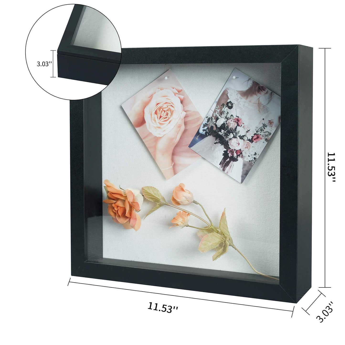 Muzilife 11x11 Shadow Box Picture Frame - 2.16" Interior Deep Wood & Glass Display Case Ready to Hang Memory Box Baby Sports Memorabilia, Wedding, Tickets, and Photos (Black)