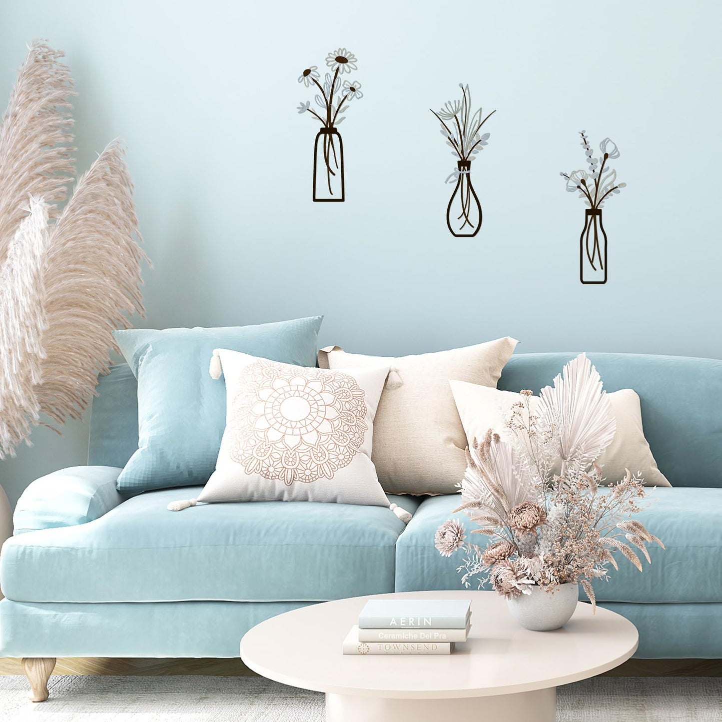 3 Pieces Metal Vase Flowers Wall Arts - Rustic Farmhouse Style Décor Metal Wall Art Black Minimalist Flower Natural Themed Wall Decors for Home Bedroom Dining Room Housewarming (Brown-Blue, Vase-C)