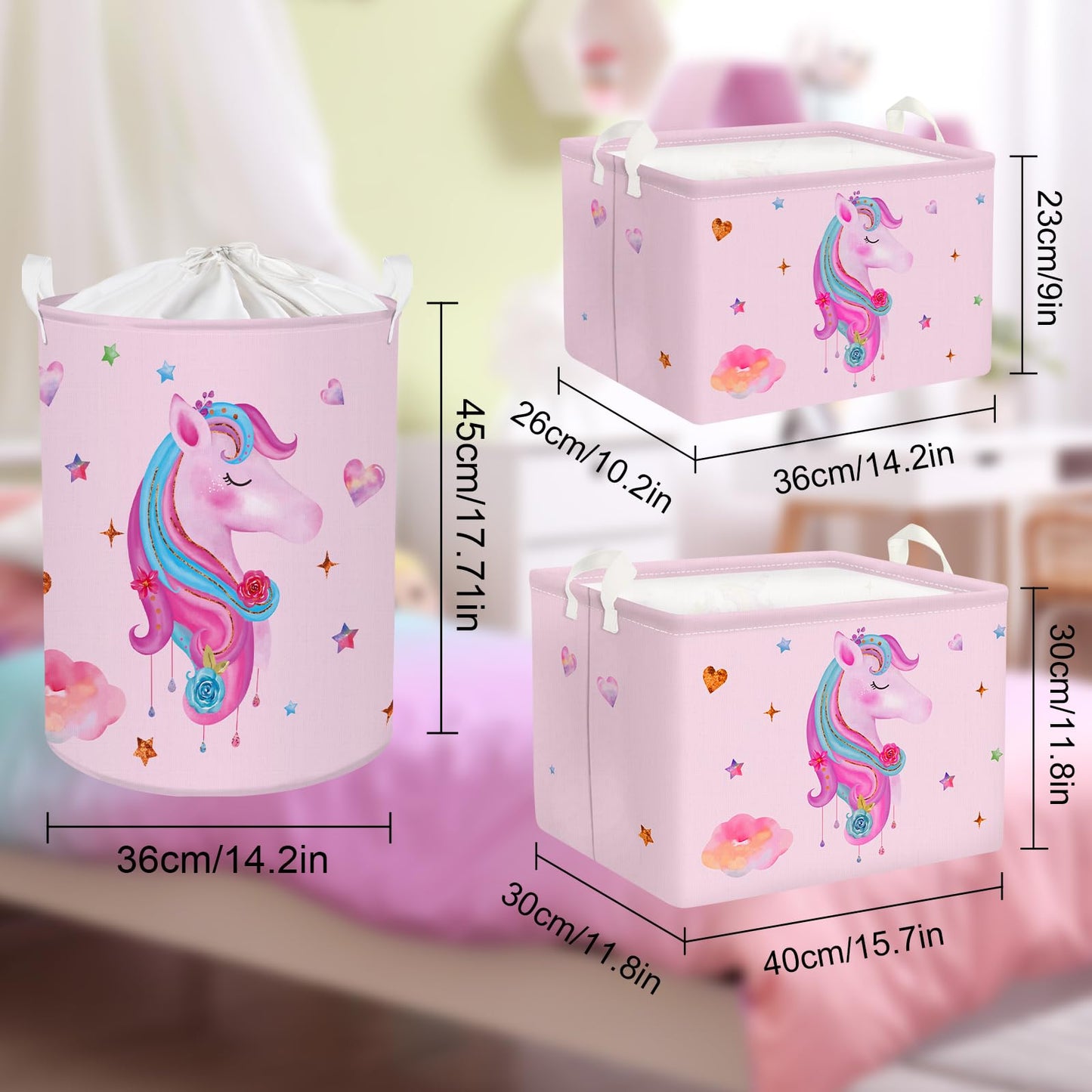 Clastyle Adorable Pink Unicorn Basket for Girls Rectangle Cloud Star Heart Shelf Basket Clothes Books Toy Storage Cube, 21L