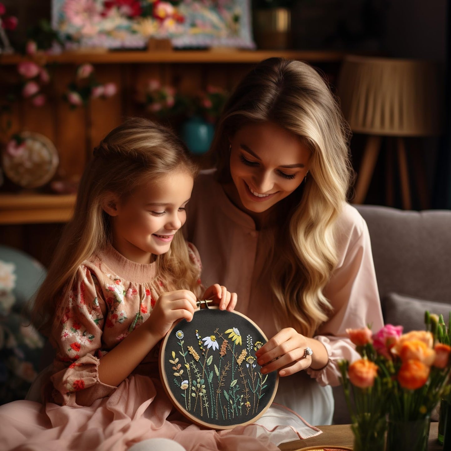 ETSPIL Embroidery Kit for Beginners, 4 Floral Patterns, Learn 33 Stitches, Pre-Printed Fabric, 7.8-Inch Hoop, Colored Threads and Needles, Easy Video Guide, DIY Hand Sewing Gift for Adults and Teens