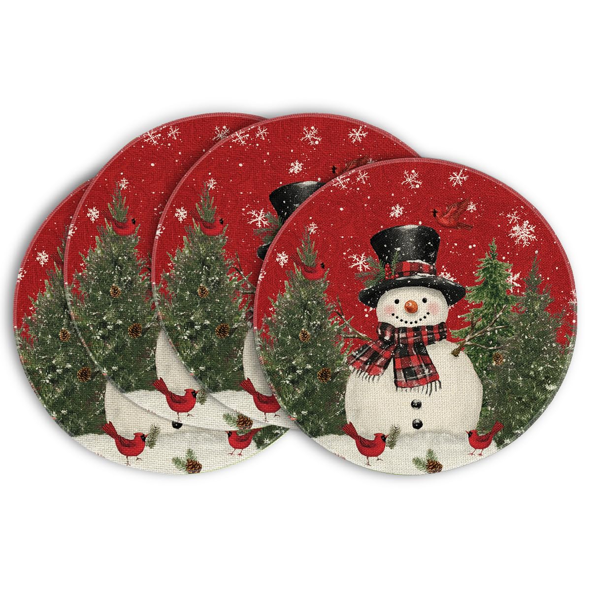 Snowman Trees Snowflakes Christmas Round Placemats Set of 4, 14 Inch Winter Round Table Mats for Dining Decoration