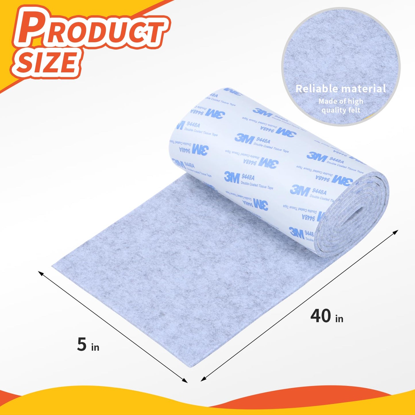 Felt Furniture Pads, Non Slip Self Adhesive Cuttable Felt Tape Gray Heavy Duty Felts Strip Roll for Protecting Hardwood Floors Chair Wall Protector (40 x 5 x 0.12 Inch)