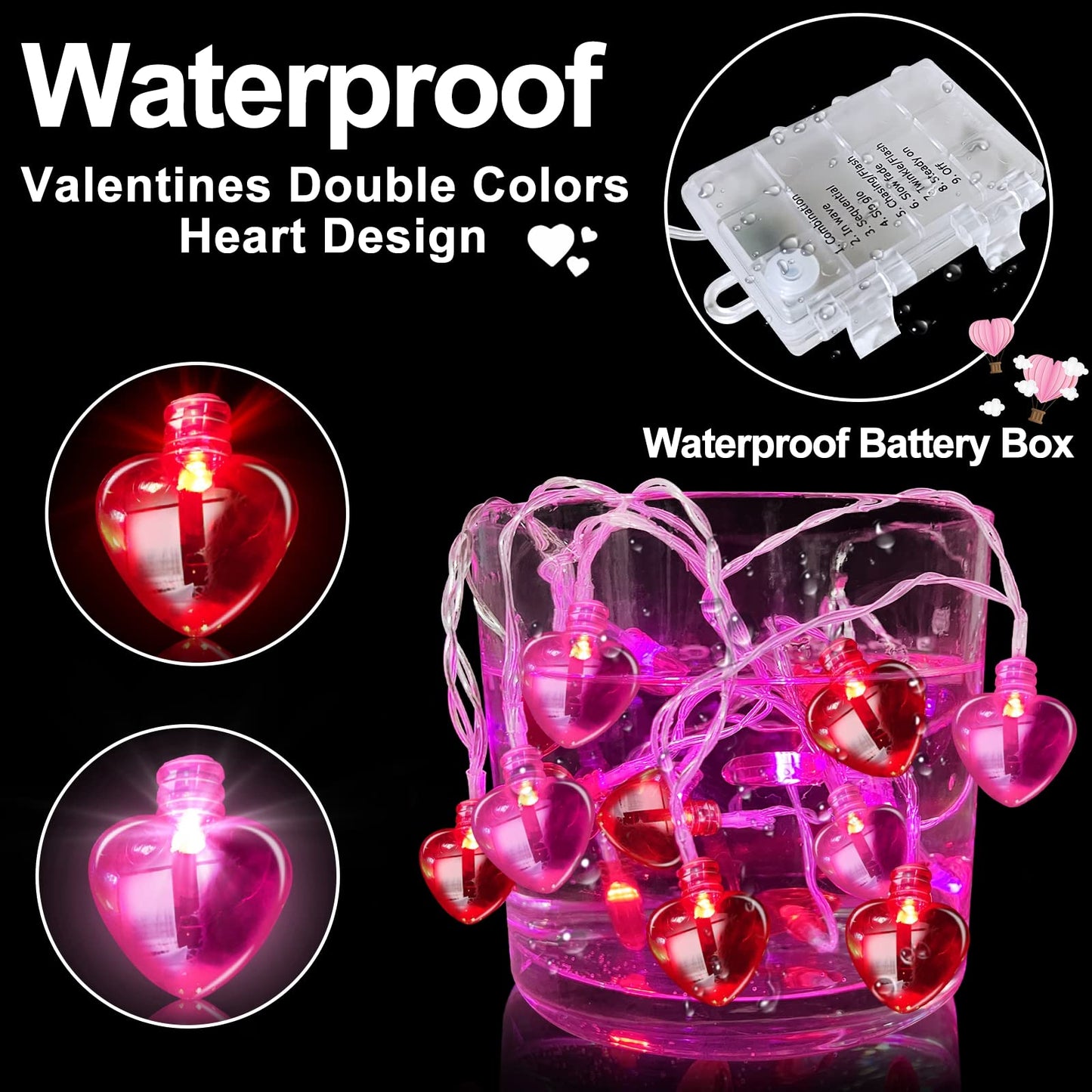Valentines Day Decorations Heart String Lights Valentines Decor, 8.2FT 20LED Red Pink Heart Garland Light Timer 8 Modes Remote Control, Battery Operated Valentine Lights Home Indoor Outdoor Wedding