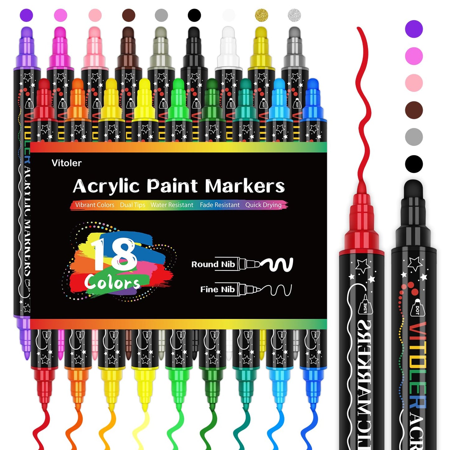 Acrylic Paint Markers,18pcs Dual Tip Acrylic Paint Set,Acrylic Paint Marker Pens with Brush Tip and Dot Tip for Painting Rock Diy Crafts Art Supplies