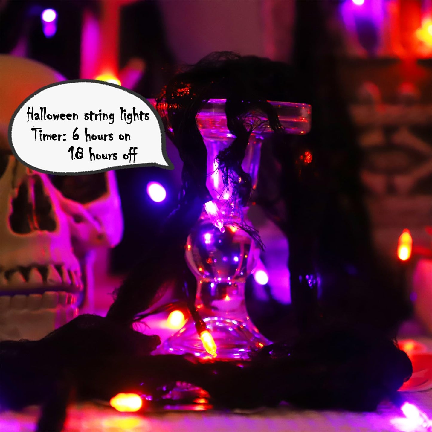Halloween Decorations String Lights Orange and Purple Indoor 30LED with Black Gauze Timer, 2 Mode Battery Operated 9.9Ft Creepy Cloth Spooky Lights, Gothic Party Room Decor (1PACK)