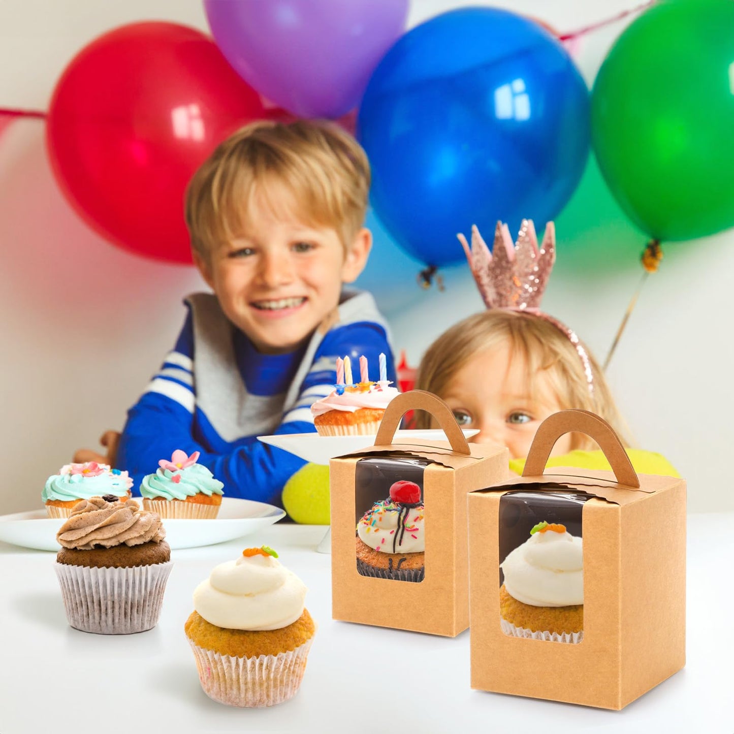 Jucoan 100 Pack Cupcake Box, Kraft Paper Individual Cupcake Container with Window and Handles, Bulk Single Cupcake Packaging Box for Muffin, Cocoa Bomb, Party Favor Pastry Treat Boxes
