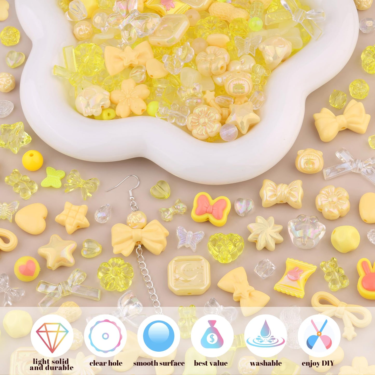 TINKRSTUFF Assorted 170-230PCS Yellow Acrylic Beads for Bracelet Making, Flower Bow Butterfly Candy GummyBear Aesthetic Bracelet Charms,Cute Beads for Jewelry Making DIY Necklace Keychain Phone Charm