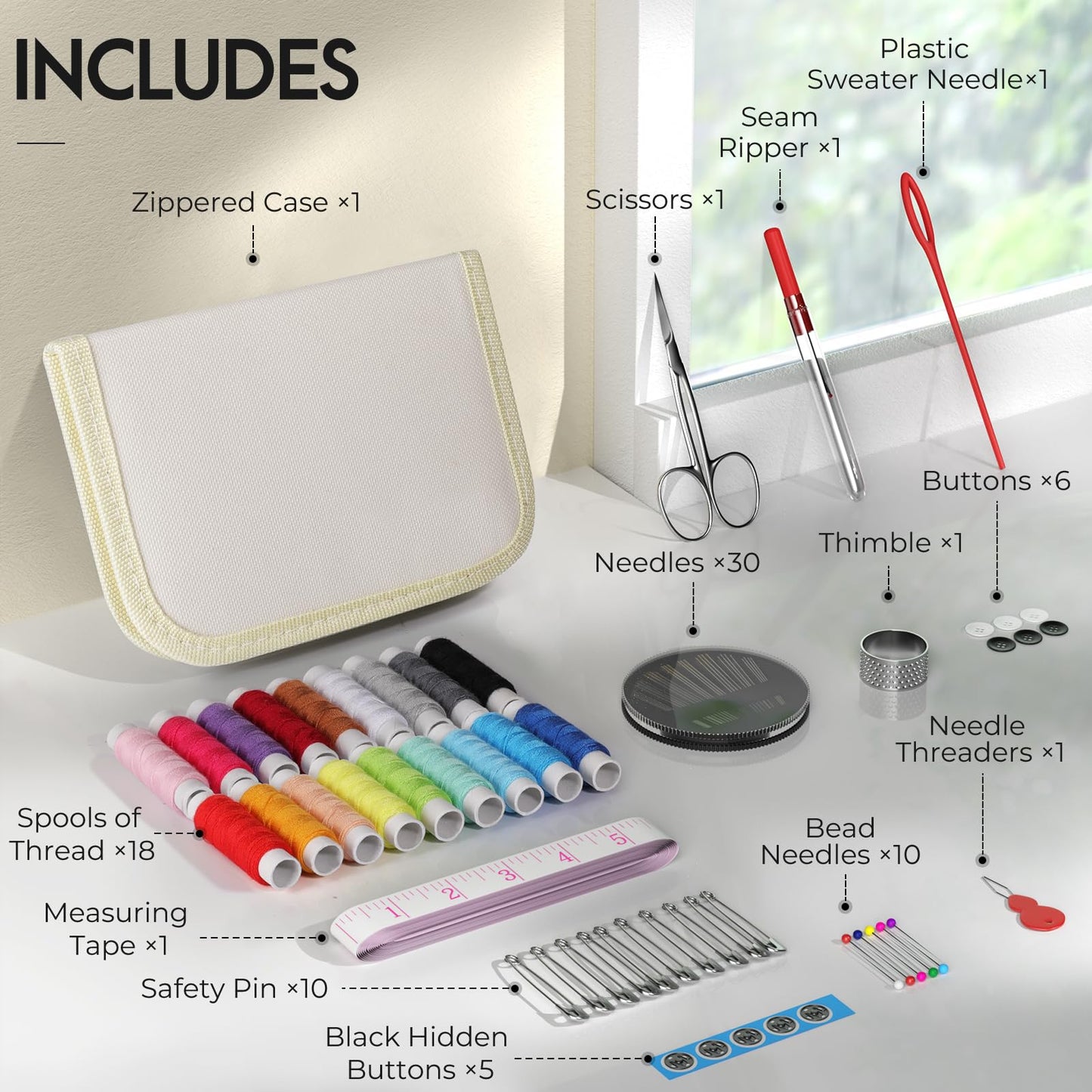 Coquimbo Sewing Kit for Adults, Kids, Beginner, Traveler, Portable Sewing Supplies Contains Soft Tape Measure, Scissors, Thimble, Thread, Sewing Needles (Beige, M)