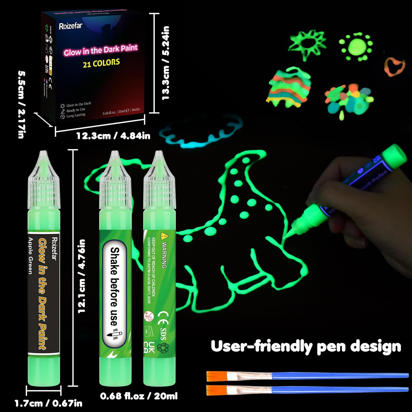 Roizefar Glow in the Dark Paint, 21 Colors (20 ml /0.68 oz) 3D Permanent Acrylic Fabric Paints for Clothes, Neon Fabric Paint for Art Painting and Crafts