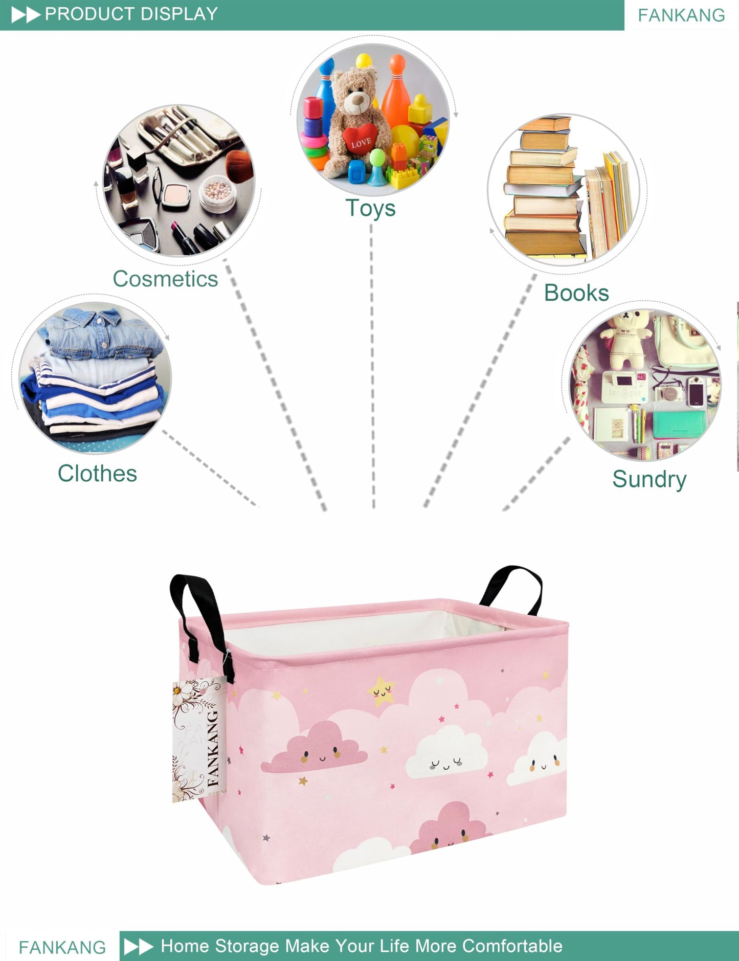 Storage Bins, Nursery Hamper Canvas Laundry Basket Foldable with Waterproof PE Coating Large Storage Baskets for Kids Boys and Girls, Office, Bedroom, Clothes,Toys(Rec-pink cloud ）