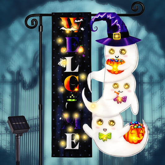 Halloween Lighted Garden Flag, Solar Yard Flag for Outside, 8 Modes Double Sided Welcome Halloween Ghost Outdoor Decorations for Home Porch (Ghost-12x18)