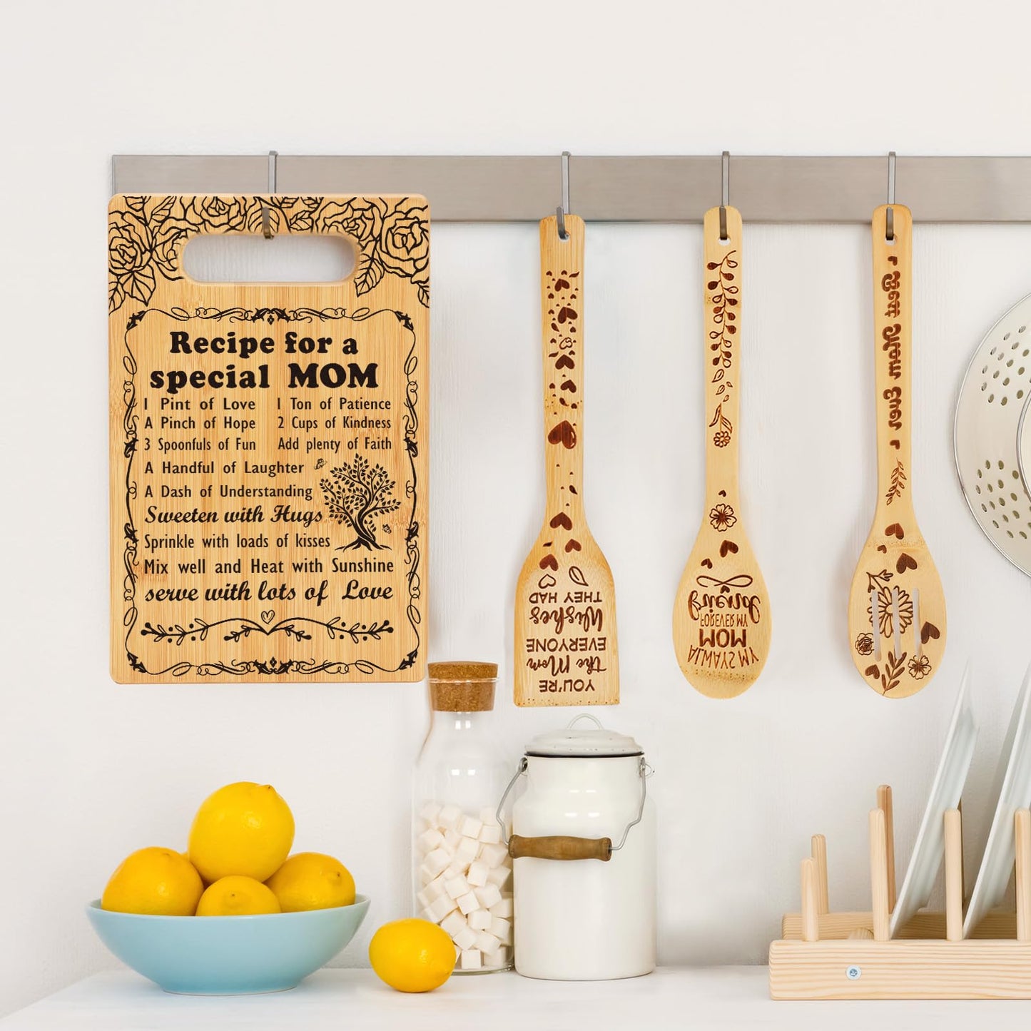Mothers Day Gifts for Mom,Recipe for a Special Mom- Birthday Mom Gifts from Daughter Son Cutting Board Set, Engraved Utensil Best Mom Ever Gifts Ideas Mom Gifts for Mother New Mom Step Mom