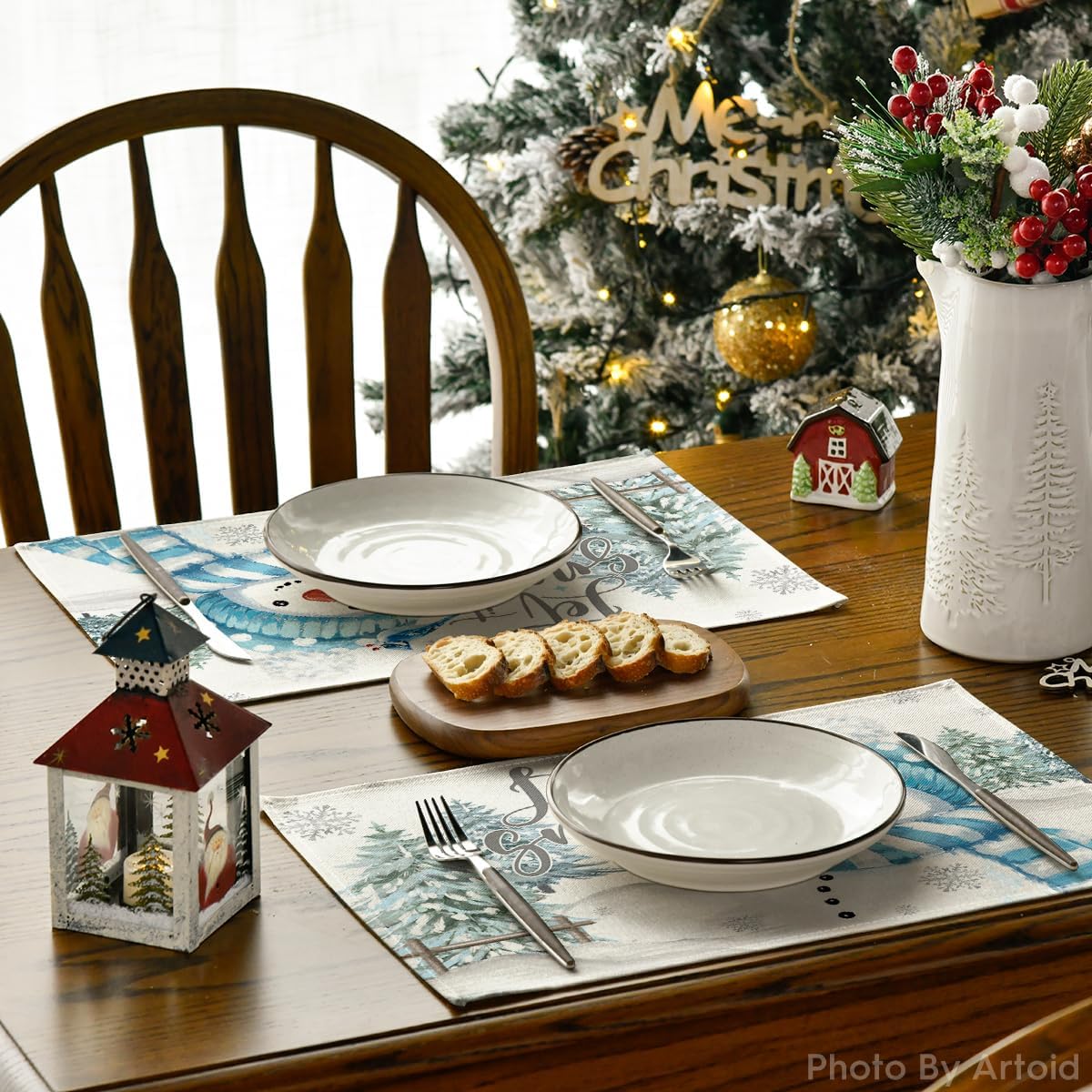 Xmas Trees Let It Snow Blue Snowman Christmas Placemats Set of 4, 12x18 Inch Winter Table Mats for Party Kitchen Dining Decoration