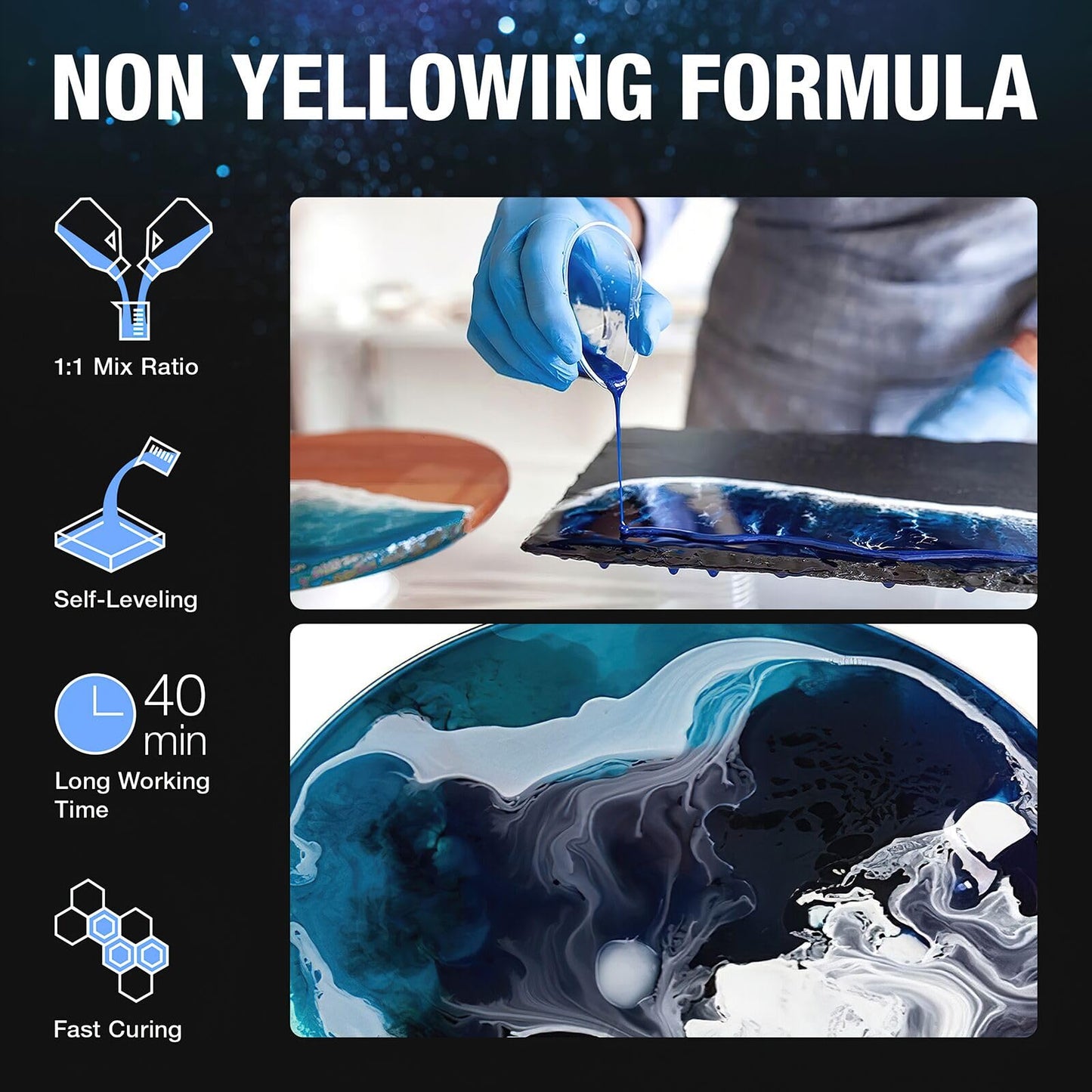 Epoxy Resin - Crystal Clear, Self-Leveling, Bubbles Free, UV Resistant, Resin Kit for DIY Art, Jewelry, Table, Countertop, 1:1 Mix (64 Oz)