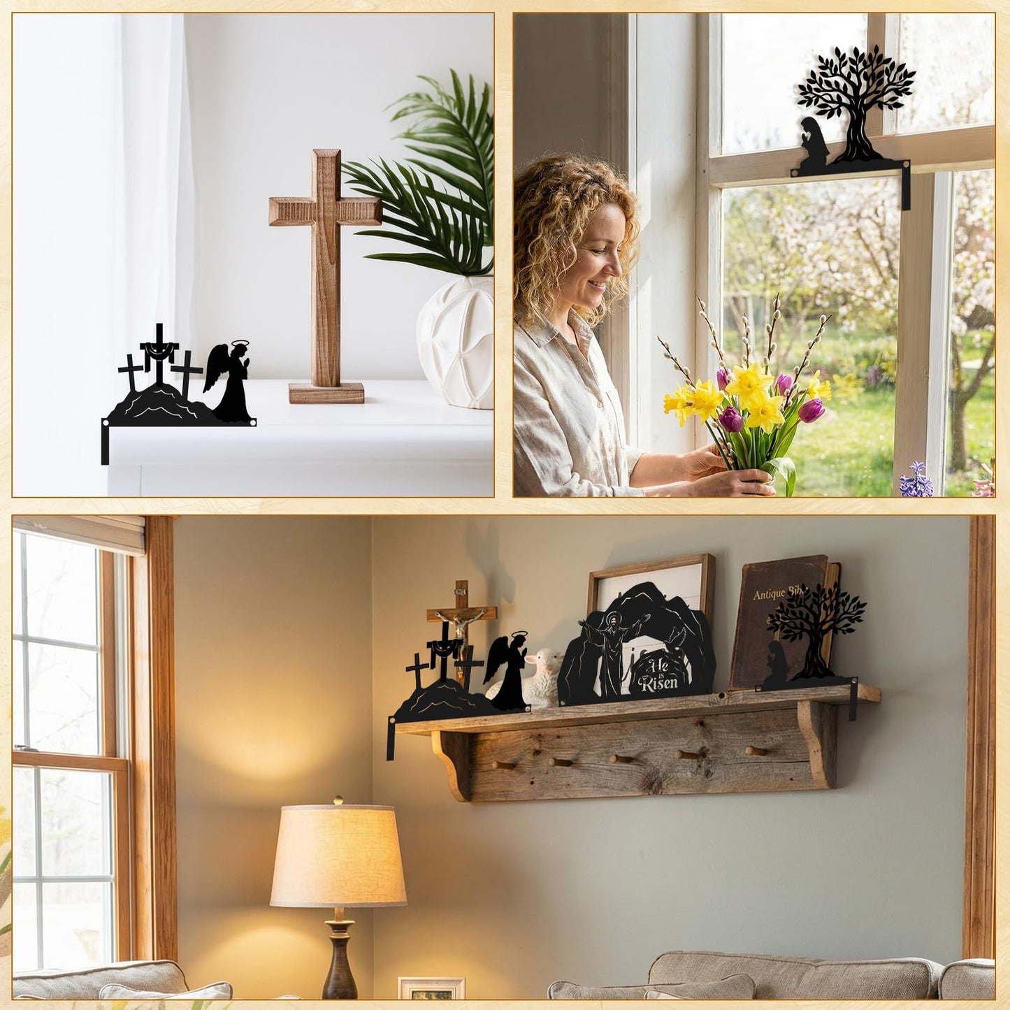 Blulu 3 Pcs Easter Door Decorations Metal He Is Risen Door Toppers Religious Easter Frame Corner Sign for Spring Christian Cabinet Shelf Window Wall Home Office Kitchen Church Decor(Religious)