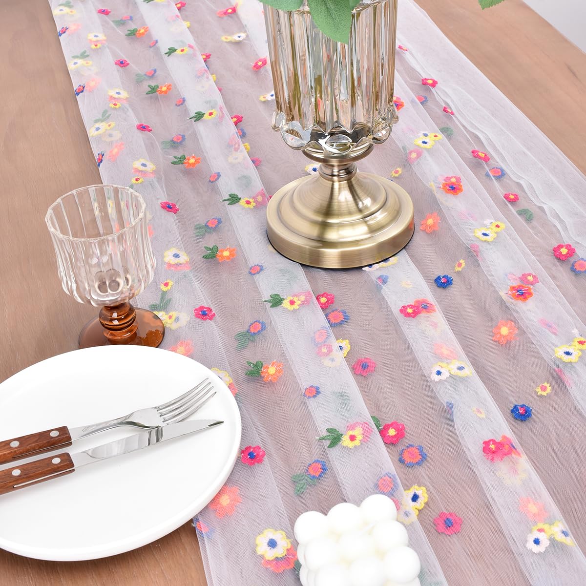 Ivory Embroidery Daisy Spring Summer Table Runner 10ft Florals Seasonal Easter Tulle Table Runner Holiday Kitchen Dining Table Decoration for Home Party Indoor