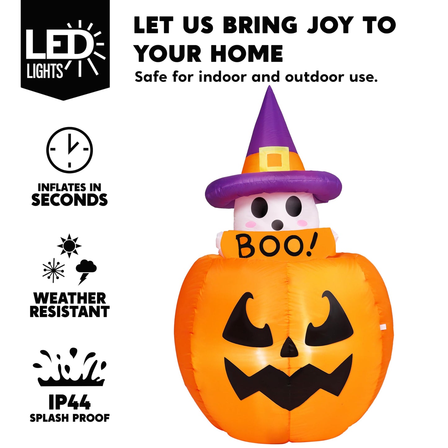 5ft Tall Halloween Animated Inflatables Outdoor Decorations, Inflatable Ghost on Pumpkin with LEDs, Cute Blow Up Pumpkin Ghost Decor for Outside Yard Outdoor Lawn Garden Party Decoration