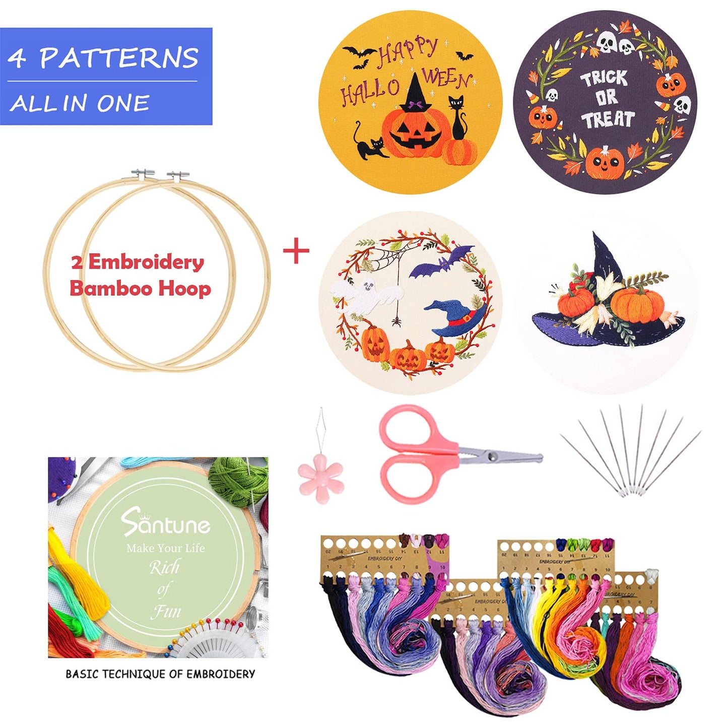 Santune 4-Pack Halloween Embroidery Kit Cross Stitch Kits for Beginners DIY Needlepoint Kit with 4 Embroidery Clothes Featuring Pumpkin Patterns,2 Hoops,Color Threads,Needles