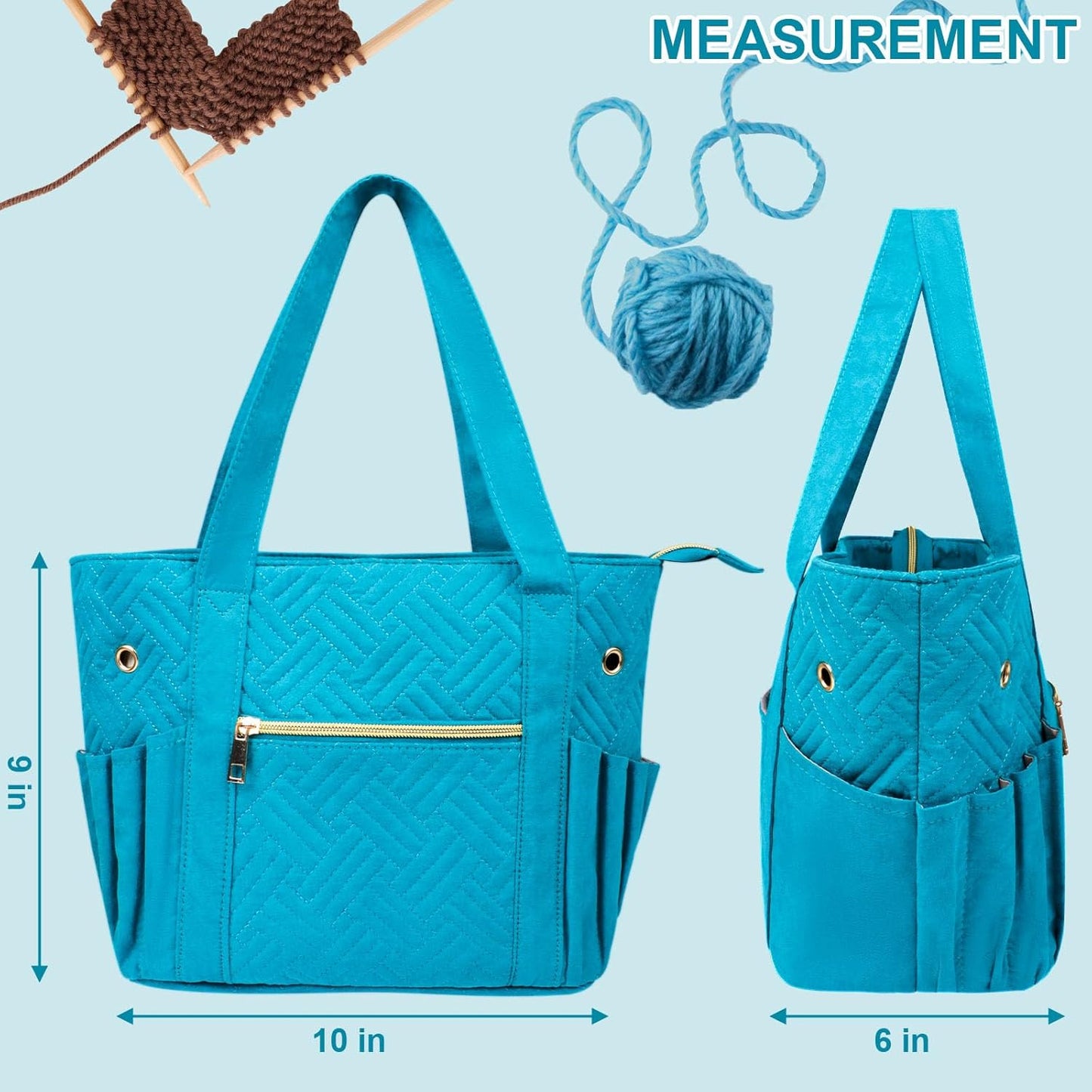 Crochet Bag Organizer for Yarn Storage, Velvet Knitting Tote Bag with Double Handle for Crochet Accessories, Portable Travel Case for Yarn Balls, Crochet Hooks& Knitting Needles Holder (Teal)
