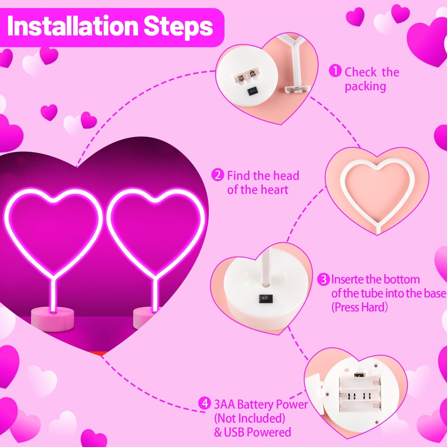 2 Pack Heart Neon Signs, LED Lights Battery Operated or USB Powered Decoration Lamp, Neon Lights Decor for Valentine's Day Gifts, Wedding, Party, Pink Room Decor (Pink Heart)
