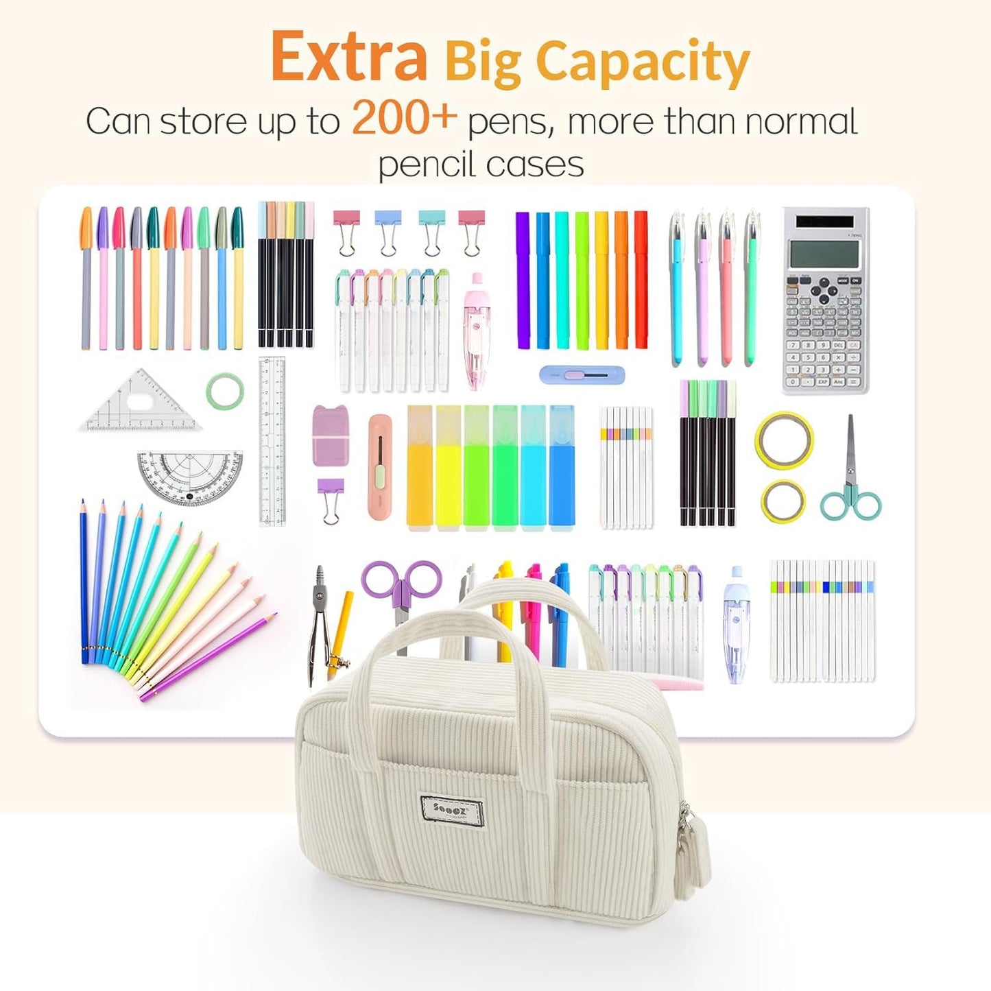 Sooez Large Pencil Case Pouch, Extra Big Pencil Bag with 5 Compartments, Pen Bag Wide Opening, Soft Waffle Pencil Pouch Organizer with Zipper, Cute Aesthetic School Supplies for Girls-Pinkish Orange
