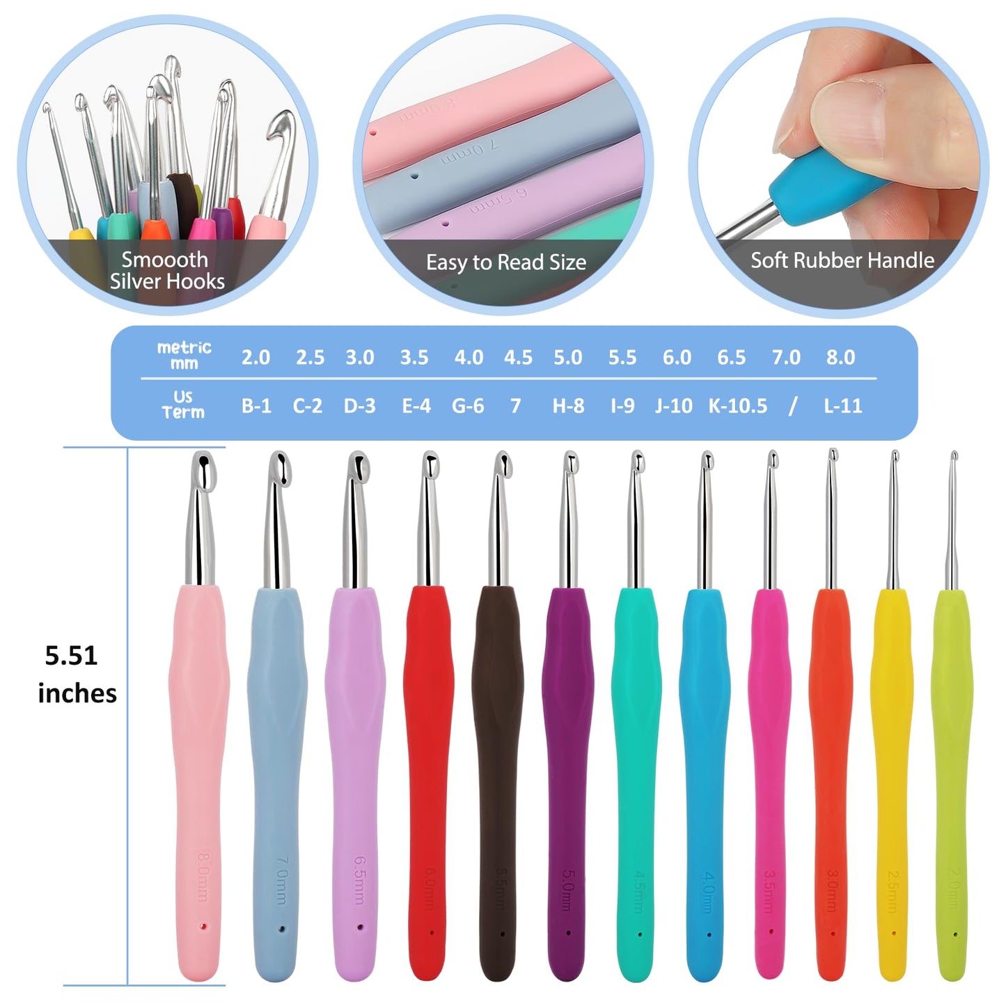 Crochet Kit for Beginners with 10 Colors Yarn and Introduction Book, 48pcs Crochet Starter Kit Everything for Adult, Learn to Crochet Kit with Soft Grip Crochet Hooks and Blue Flower Bag