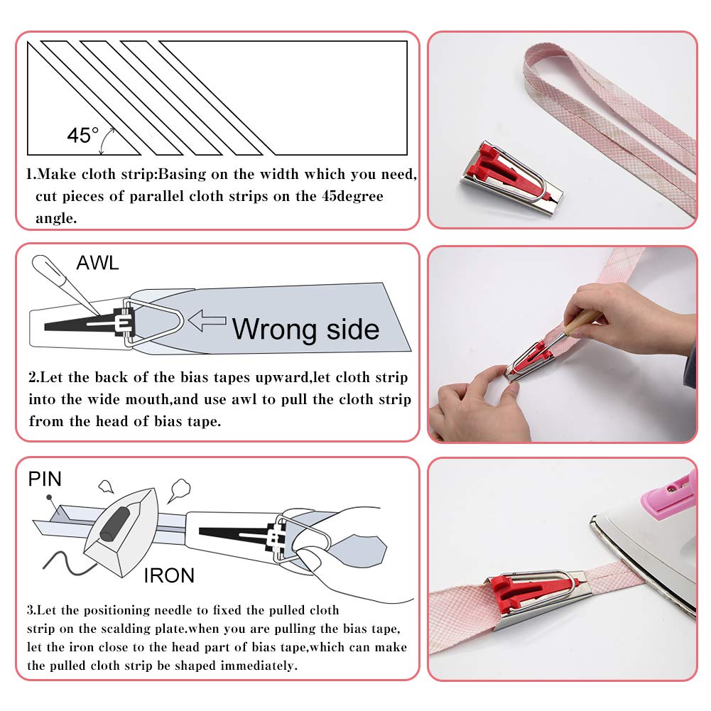 BUTUZE Fabric Bias Tape Makers Kit with Sewing Awl, Positioning Pin, Adjustable Binder Clip,Wooden Awl,Foot Press -Practical Bias Tape Maker Set for Sewing/Quilting