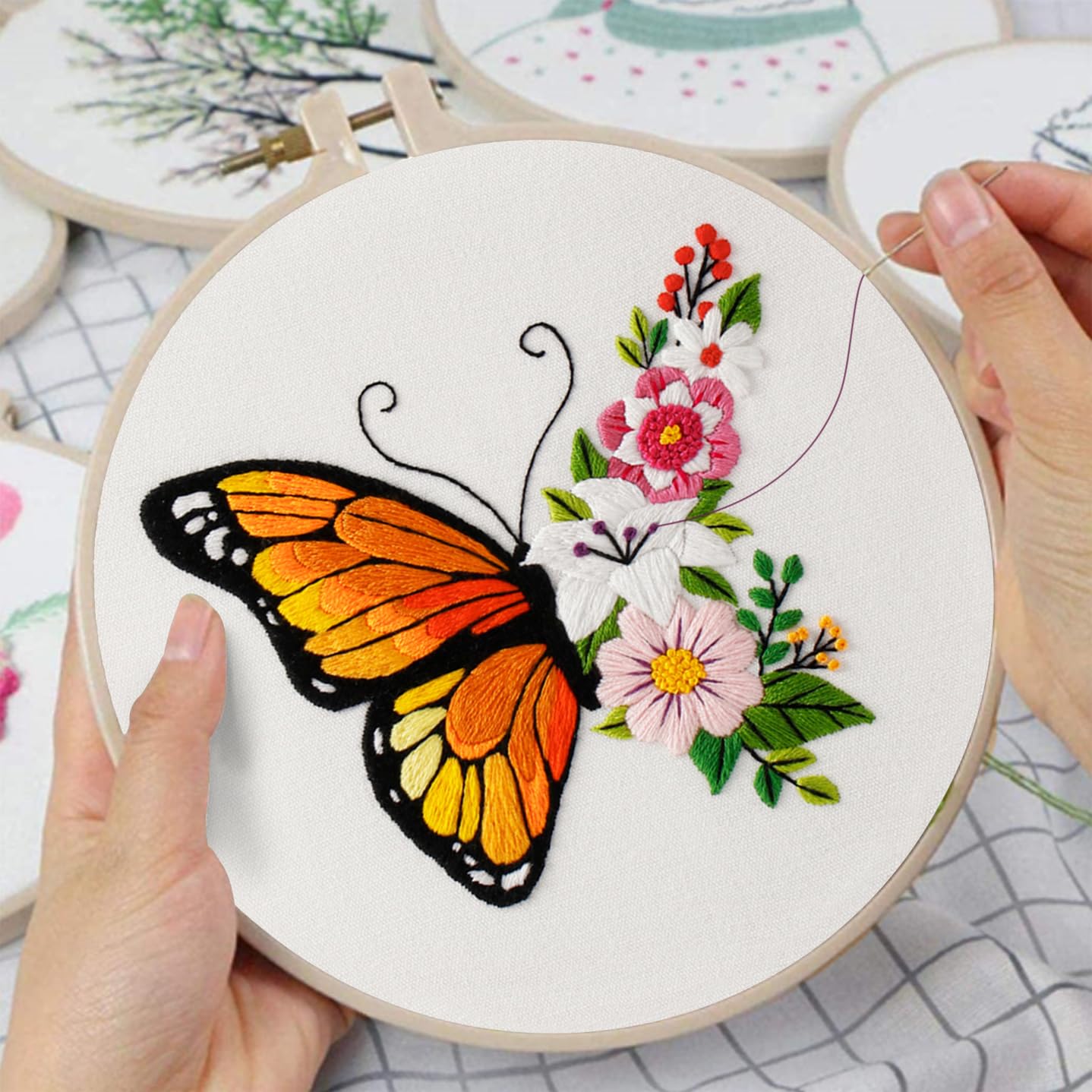 Embroidery Kit Canvas Tote Bag for Beginners,Cross Stitch Kits for Adults,DIY Needlepoint with Butterfly Floral Pattern,Women Shopping Reusable Grocery Bags