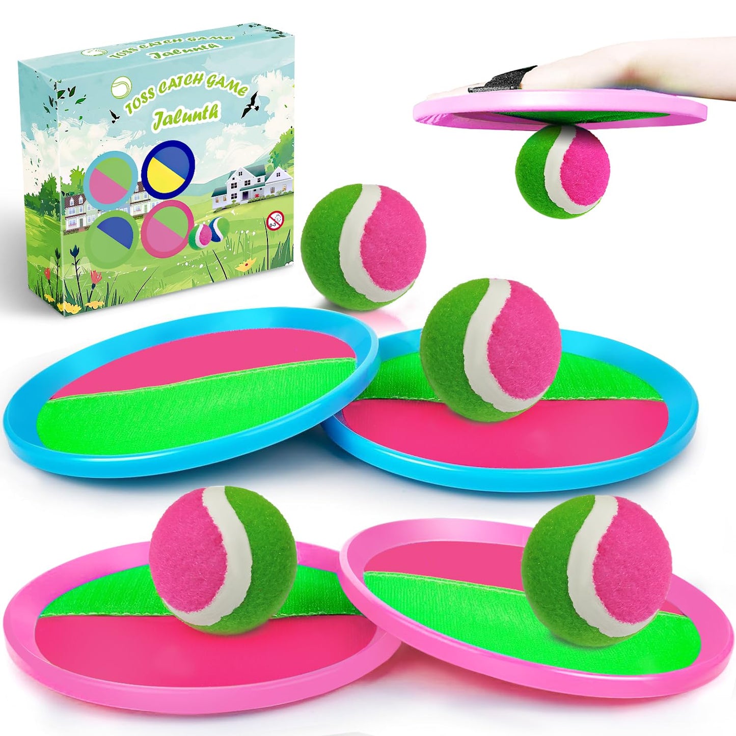 Jalunth Ball Catch Set Games Toss Paddle - Beach Toys Back Yard Outdoor Pool Backyard Camping Throw Age 3 4 5 6 7 8 9 10 11 12 Years Old Boys Girls Kids Adults Family Pink Blue Gifts 2 Pack