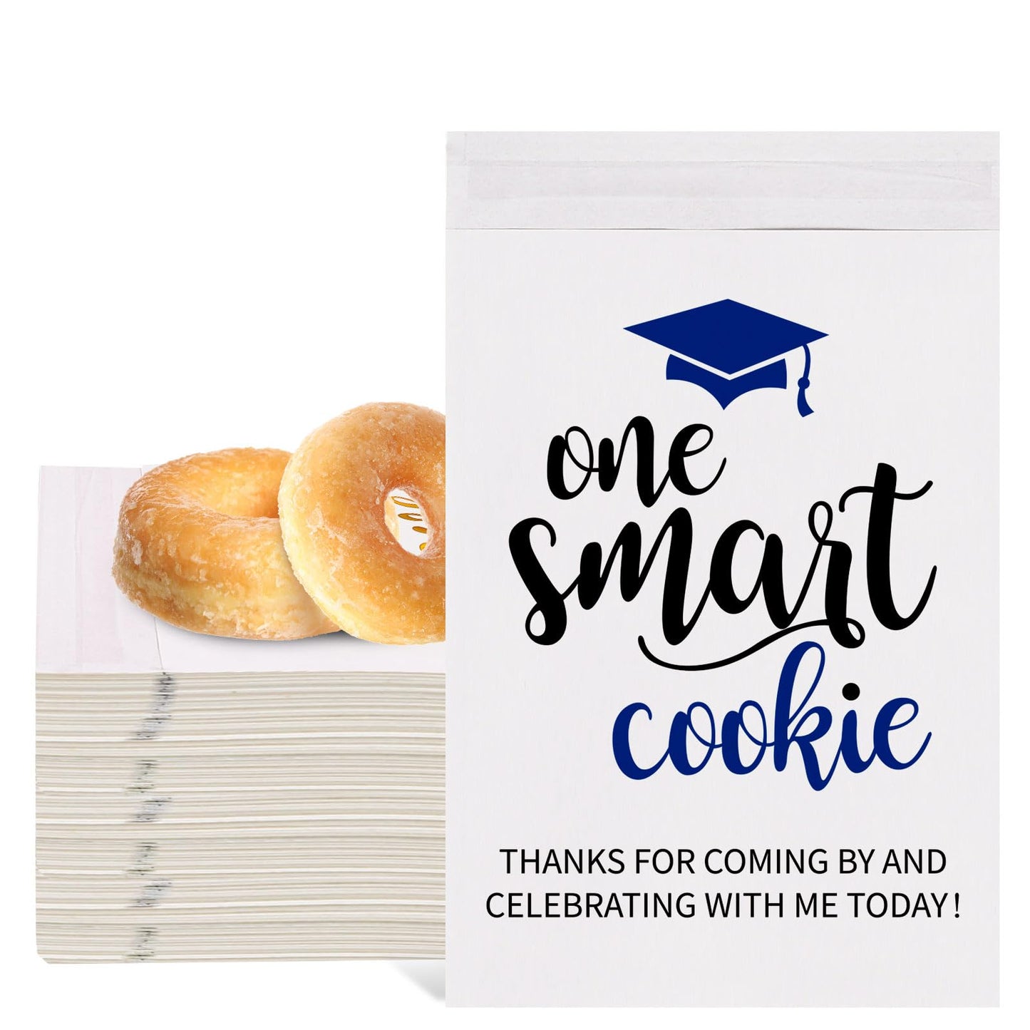 Whaline 100 Pcs 2026 Graduation Cookie Treat Bags White-Blue One Smart Cookie Self Adhesive Buffet Paper Bags for Congrats Grad School Party Supplies, 5.1 x 7.1 Inch