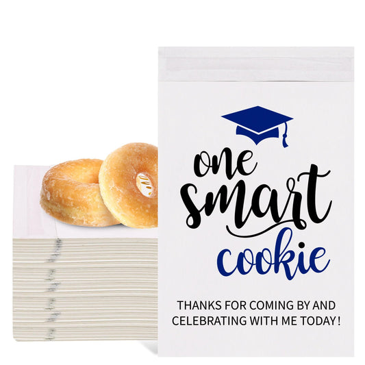 Whaline 100 Pcs 2026 Graduation Cookie Treat Bags White-Blue One Smart Cookie Self Adhesive Buffet Paper Bags for Congrats Grad School Party Supplies, 5.1 x 7.1 Inch