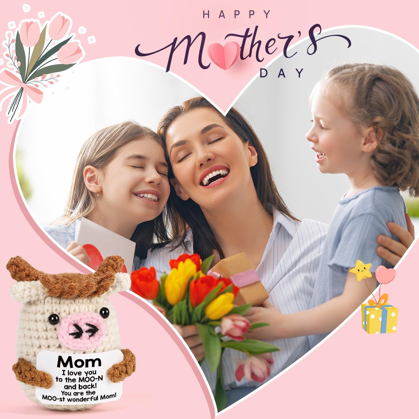 YUEYUQIU Mini Birthday Gifts for Mom from Daughter - Handmade Crochet Cow Moms Gifts for Mother’s Day Mama Mother in Law Bonus Step Mother Mommy - Funny I Love You Mom Present for Mothers Day