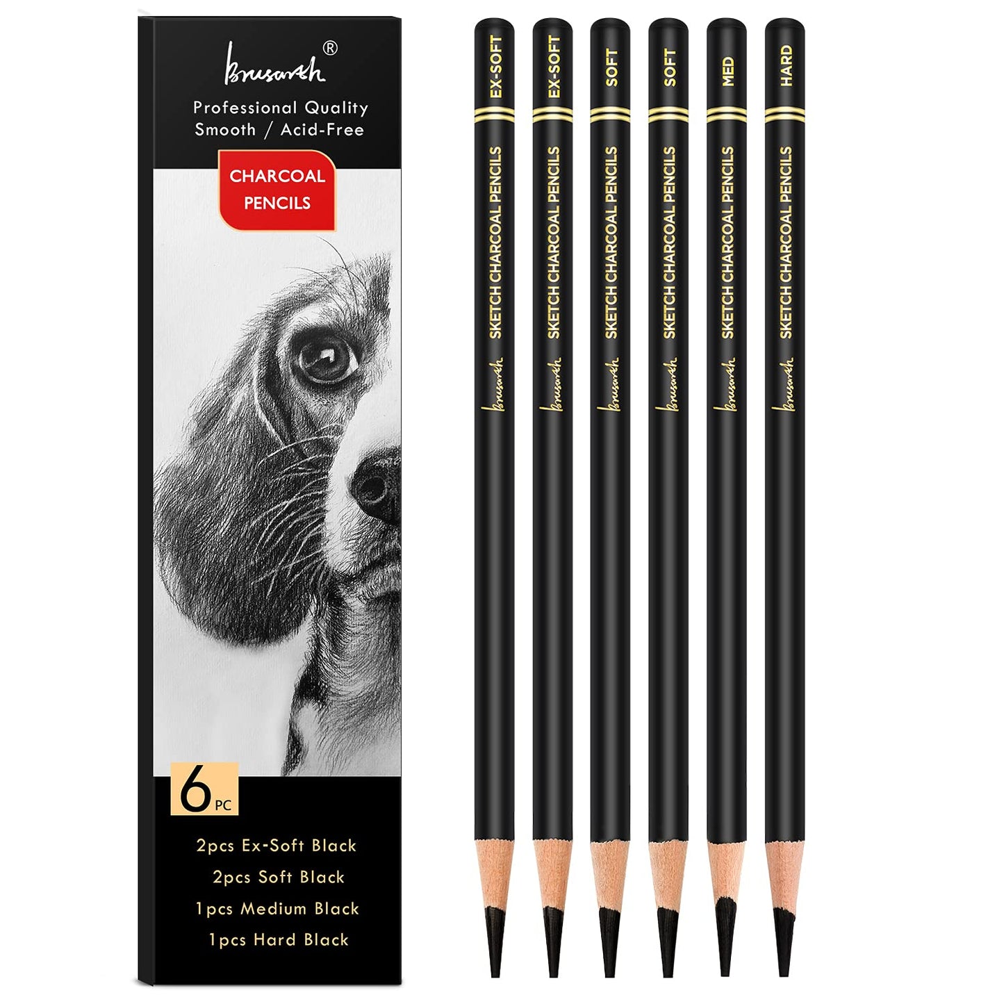 Brusarth Professional Charcoal Pencils Drawing Set - 6 Pieces Soft Medium and Hard Charcoal Pencils for Drawing, Sketching, Shading
