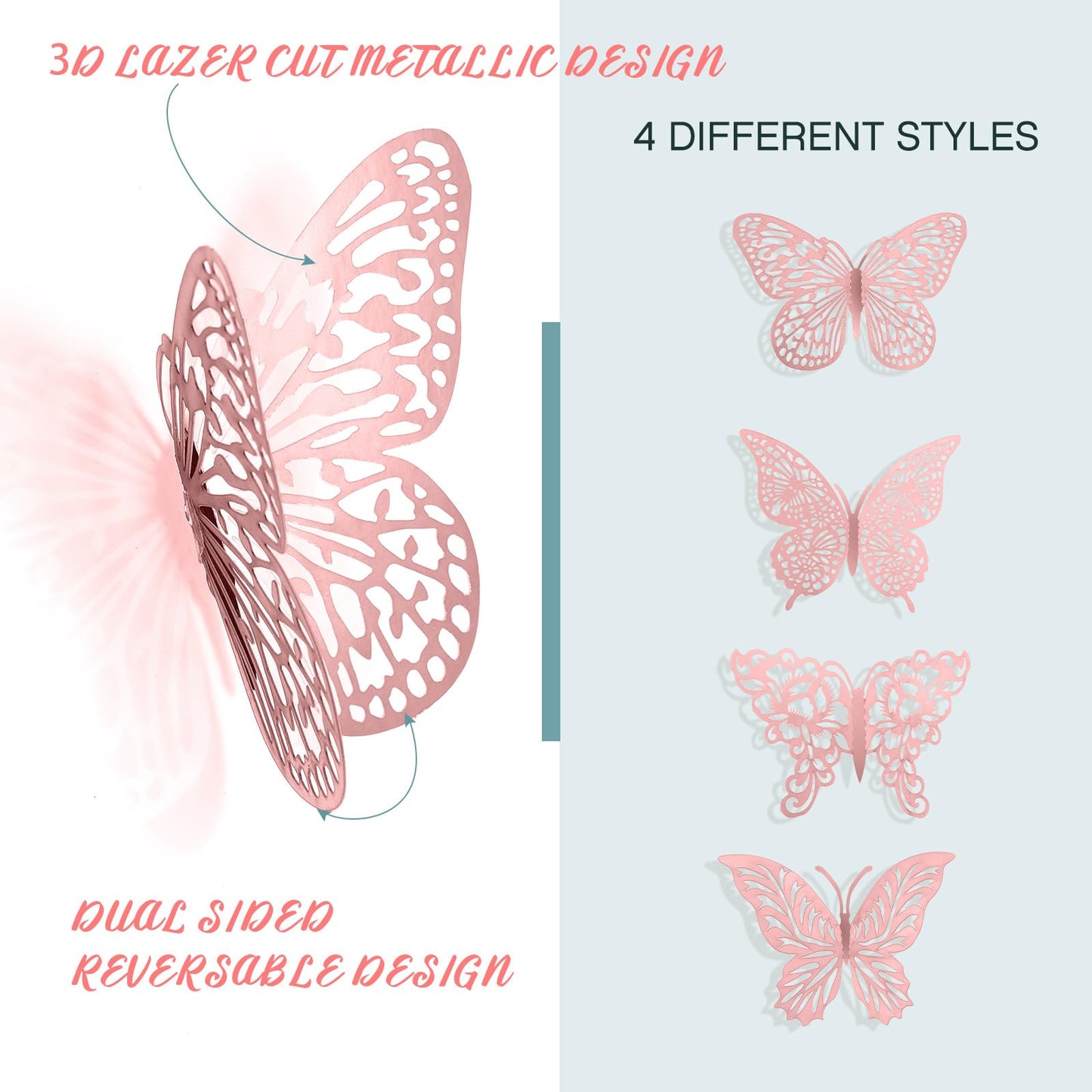 3D Gold Butterfly Wall Decor 3 Sizes 4 Styles Butterfly Party Decorations Cake Decorations Removable Stickers Wall Decor Room Mural Metallic Kids (Pink, 48Pcs)